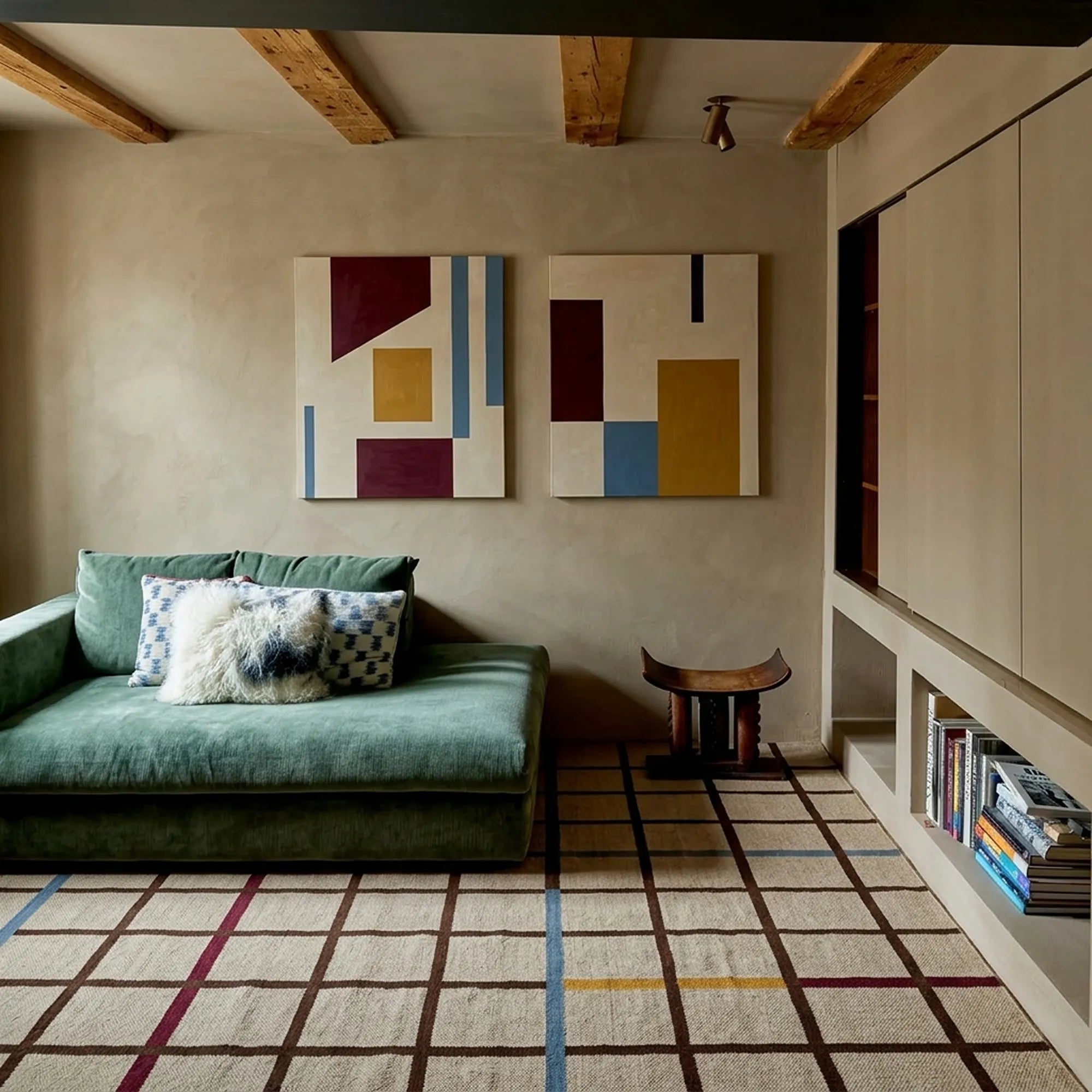 Beige Zanafi rug Amerzgane with multicolor grid in a modern living room