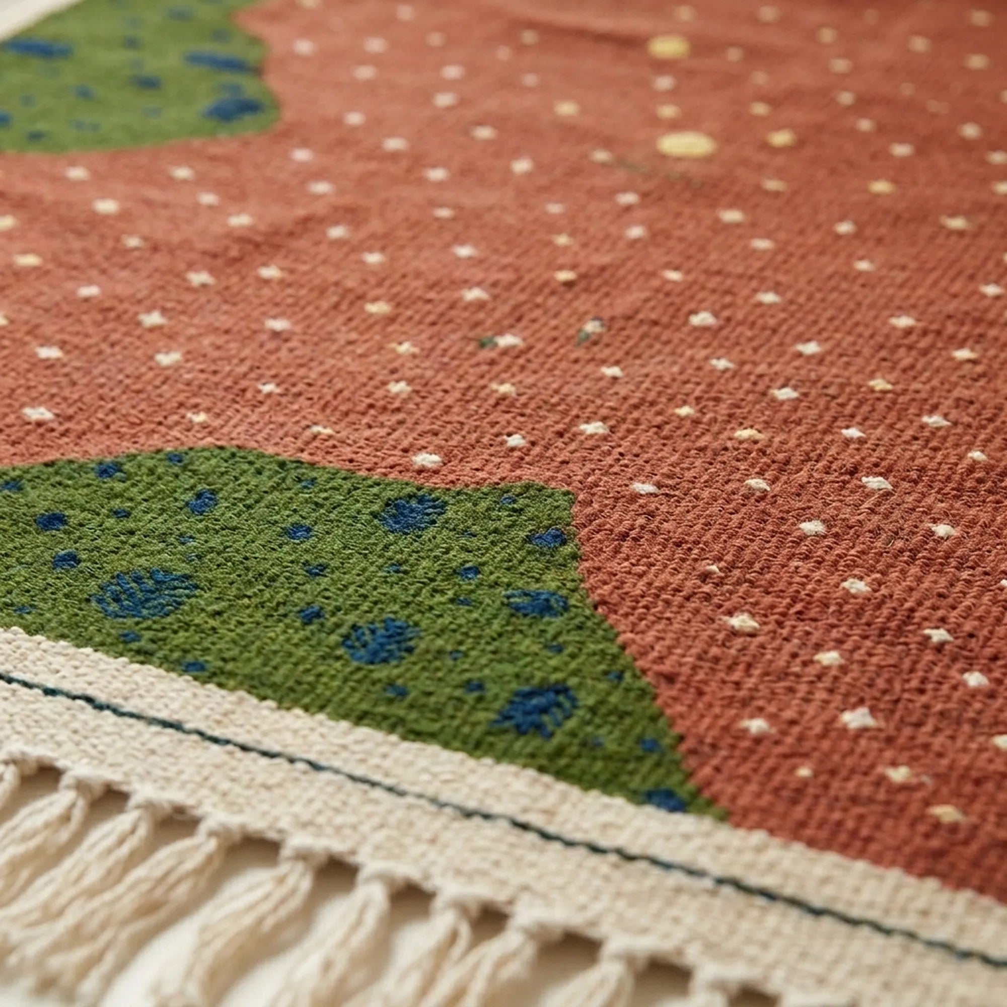 Blush Zanafi rug Amezmiz dotted field, olive corner and fringe detail