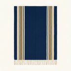 Navy, ivory and ochre Zanafi rug Amlen with side stripe design, full rug view