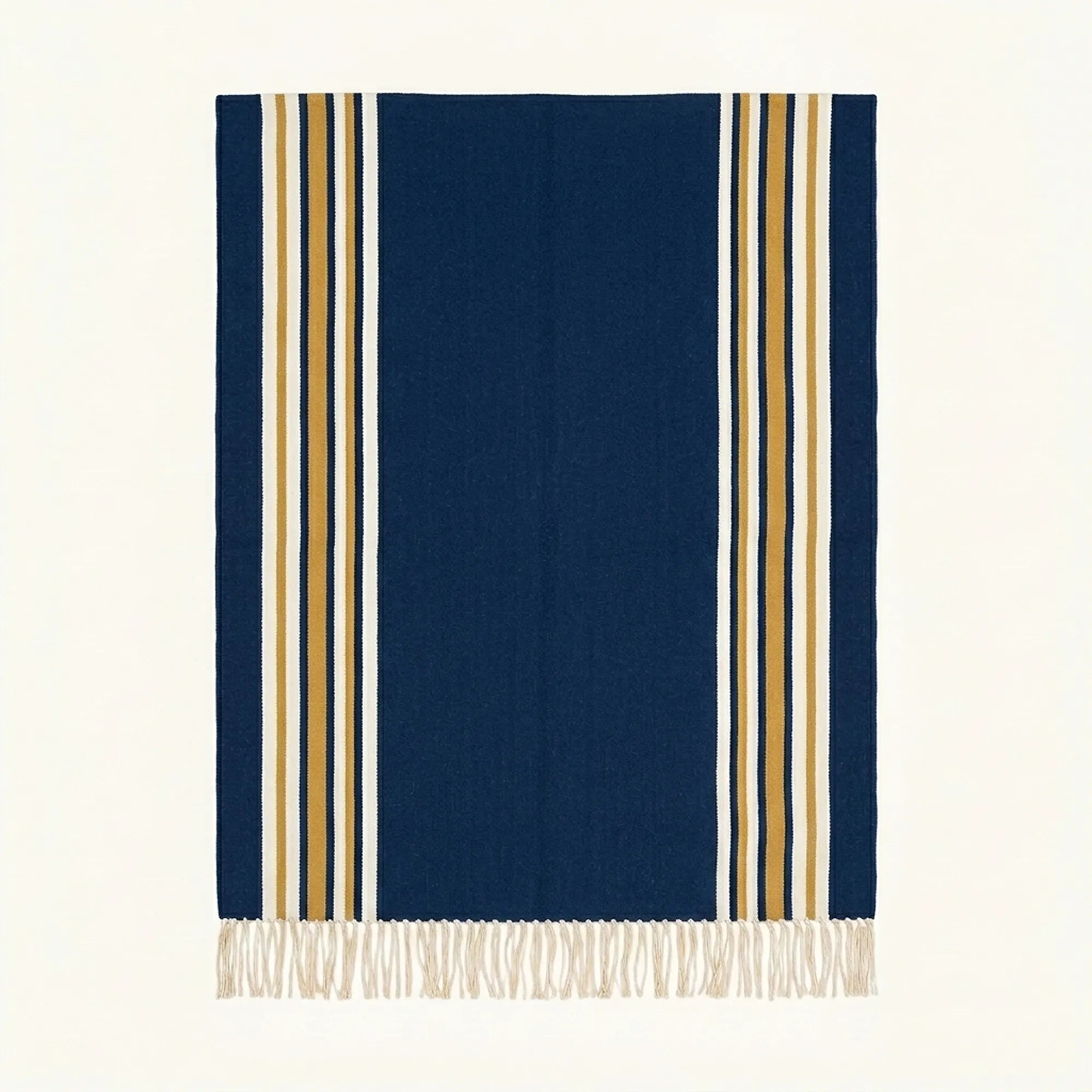 Navy, ivory and ochre Zanafi rug Amlen with side stripe design, full rug view
