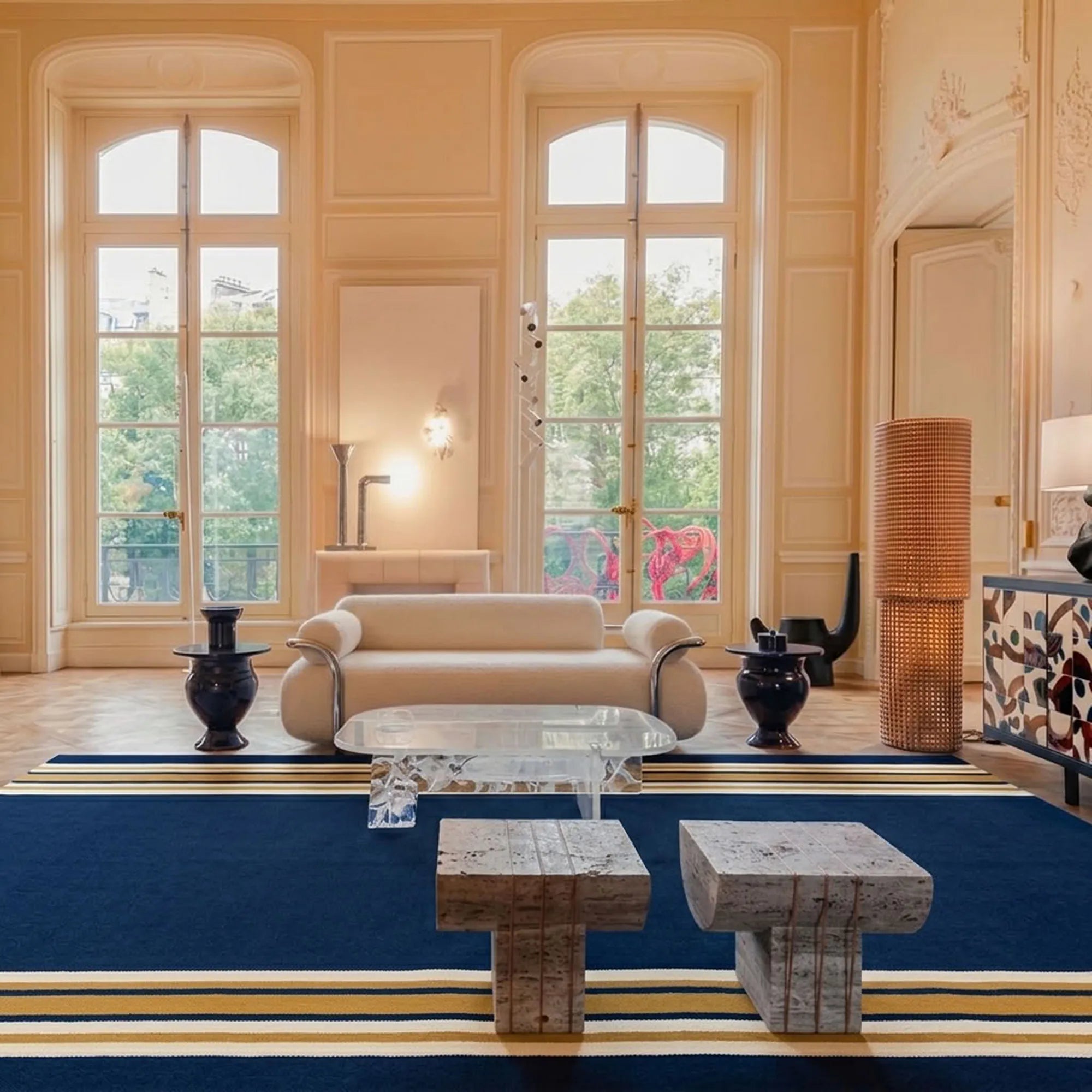 Navy, ivory and ochre Zanafi rug Amlen with side stripe design, lifestyle room view