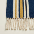 Navy, ivory and ochre Zanafi rug Amlen with side stripe design, pattern close-up