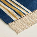 Navy, ivory and ochre Zanafi rug Amlen with side stripe design, weave and fringe detail