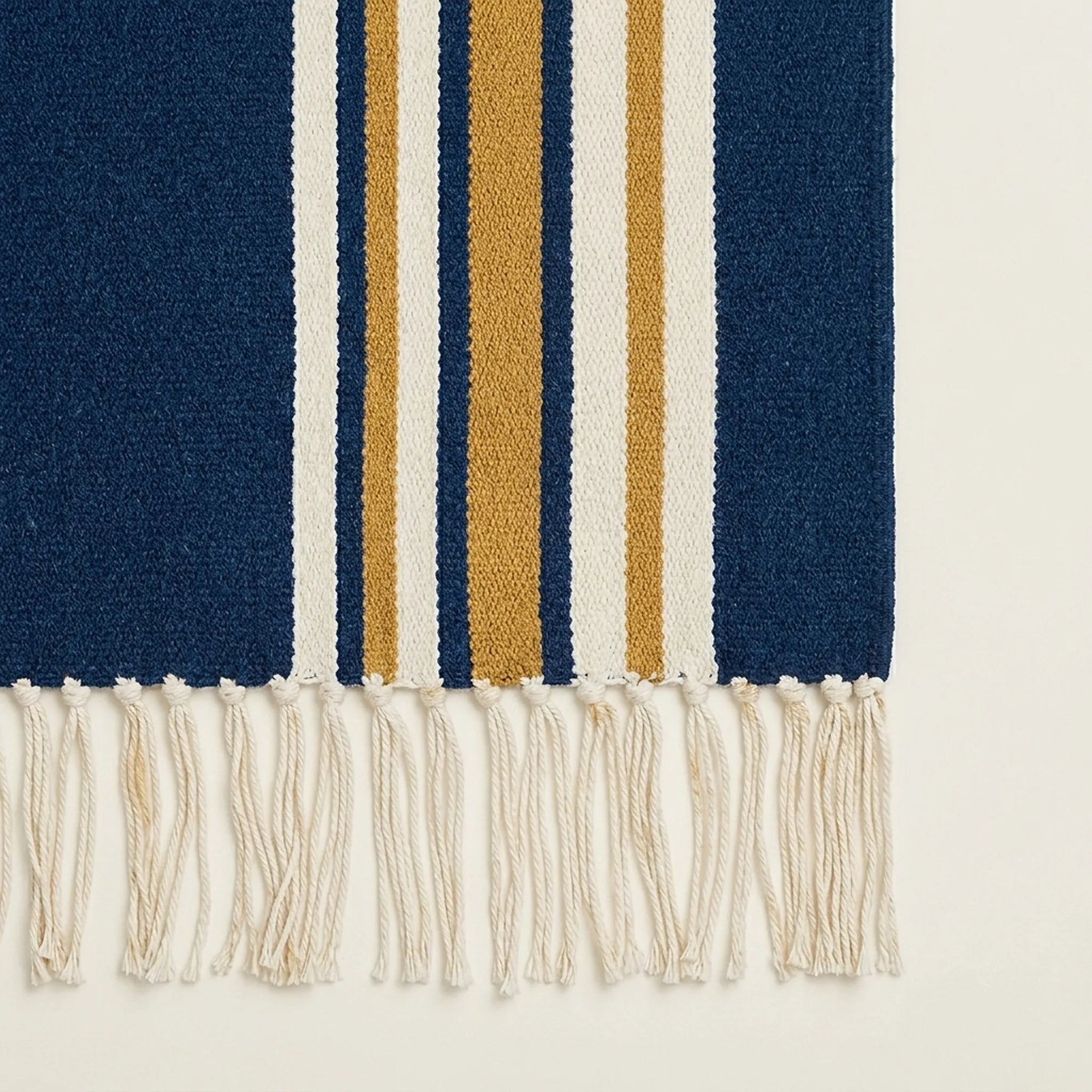 Navy, ivory and ochre Zanafi rug Amlen with side stripe design, additional border detail