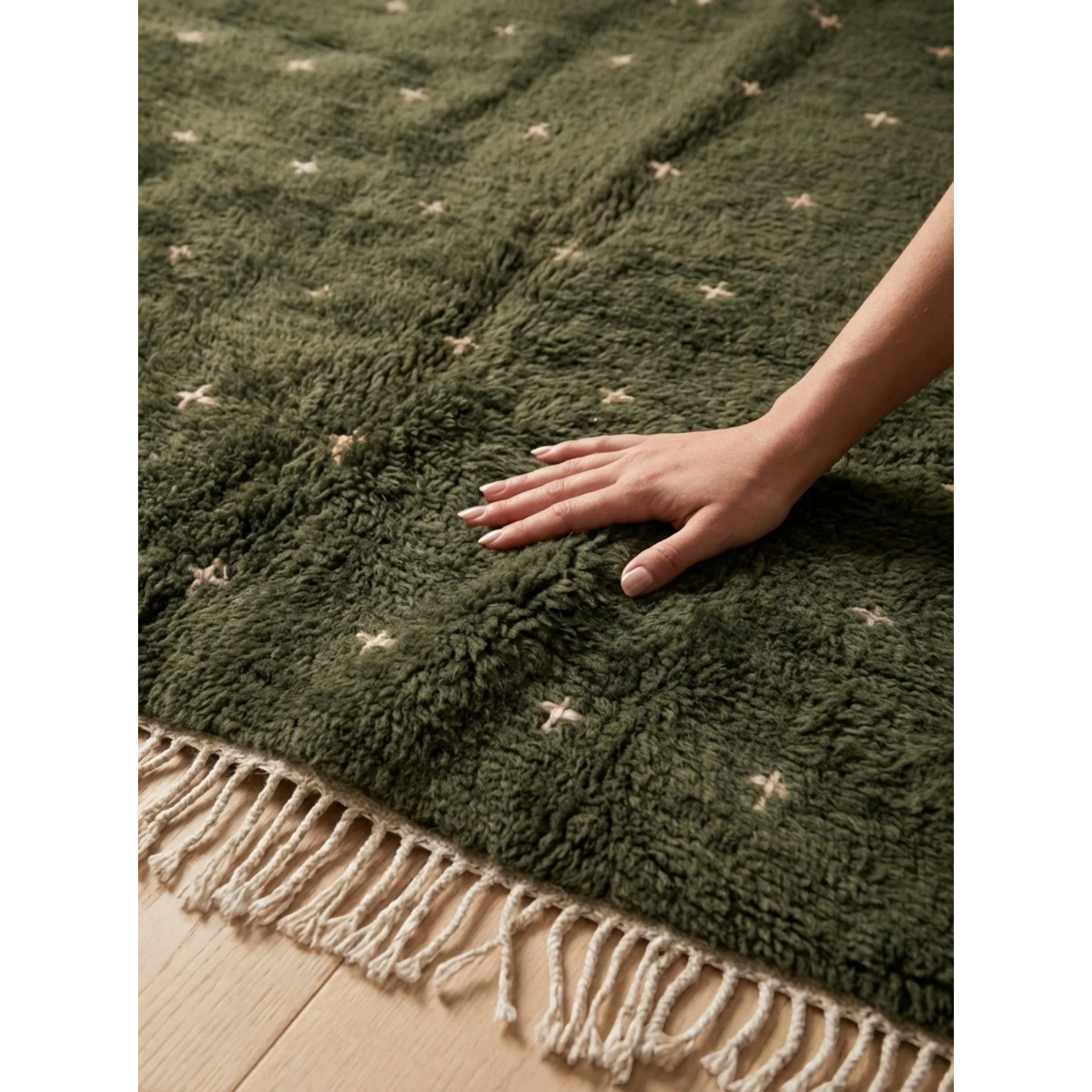 Soft natural wool pile of the Amnay green Beni Ourain rug.