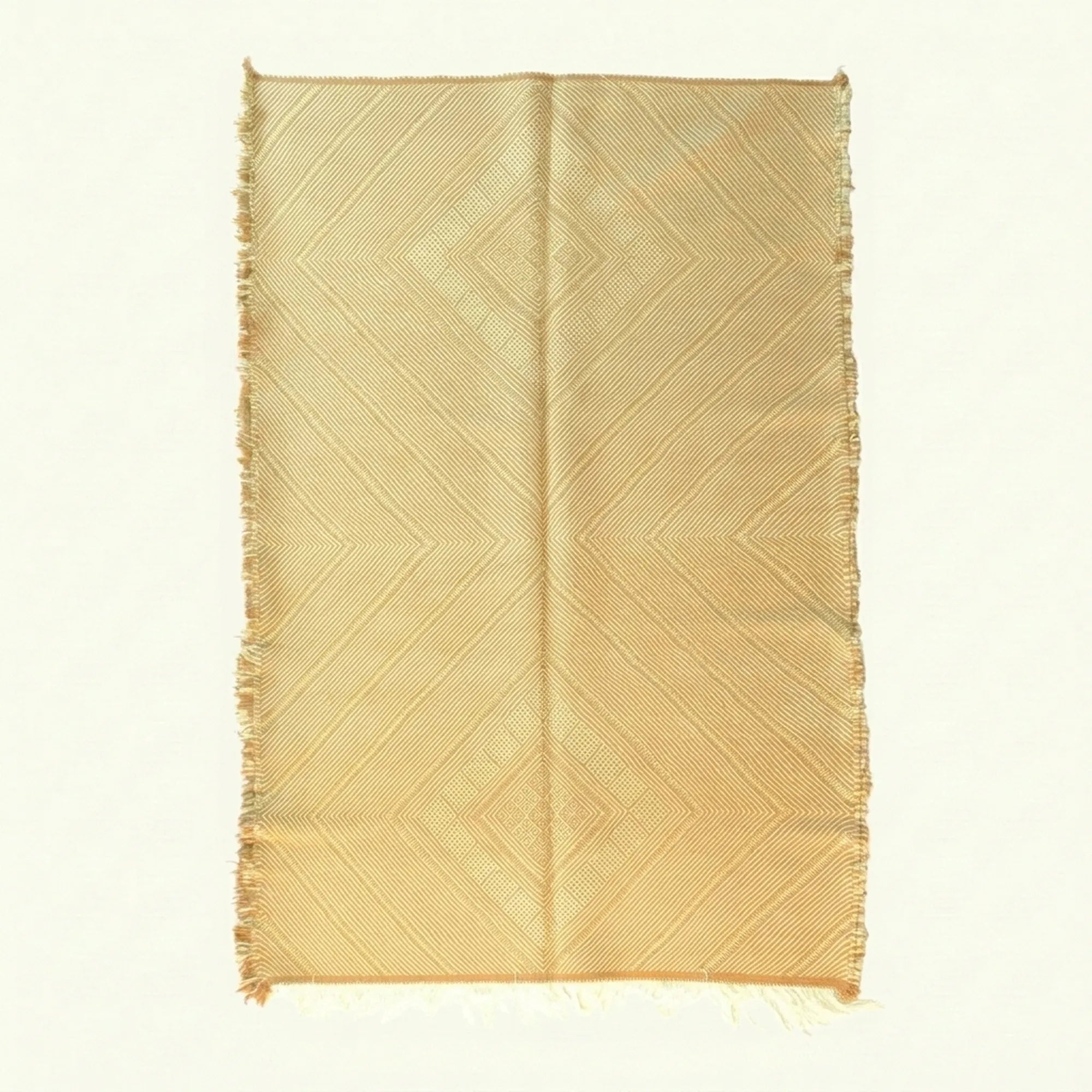 Gold Zanafi Kilim rug Aoufous with chevron diamond pattern, full rug view