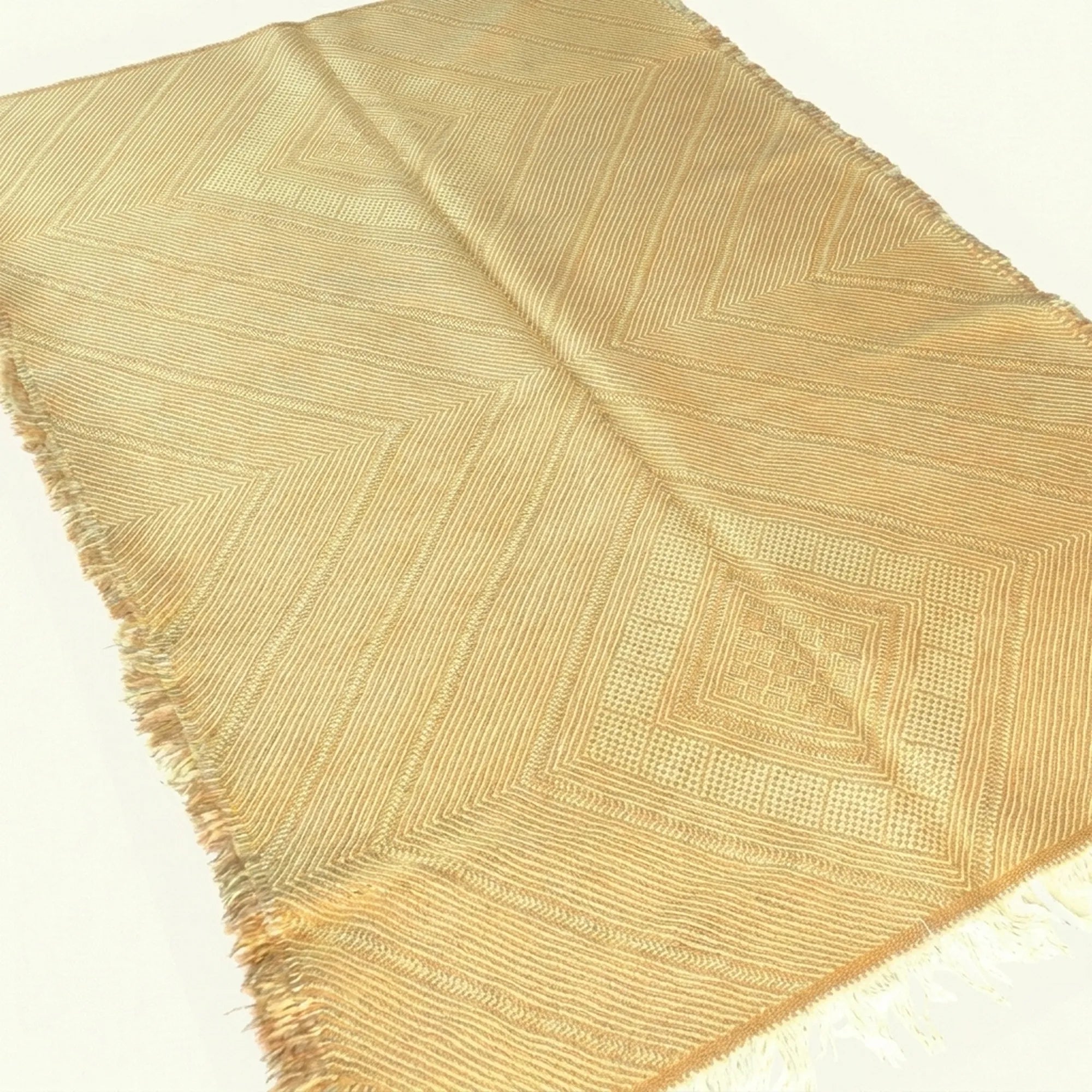 Gold Zanafi Kilim rug Aoufous with chevron diamond pattern, weave and border detail
