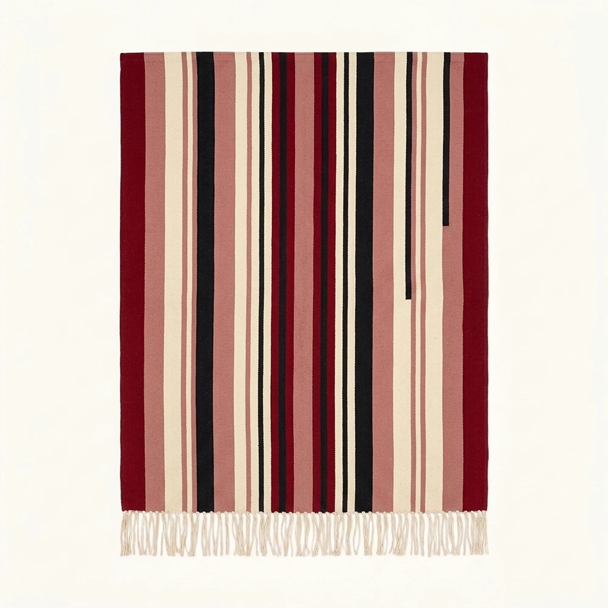 Burgundy Zanafi Kilim rug Aoulouz with offset black and rose stripes, full rug view