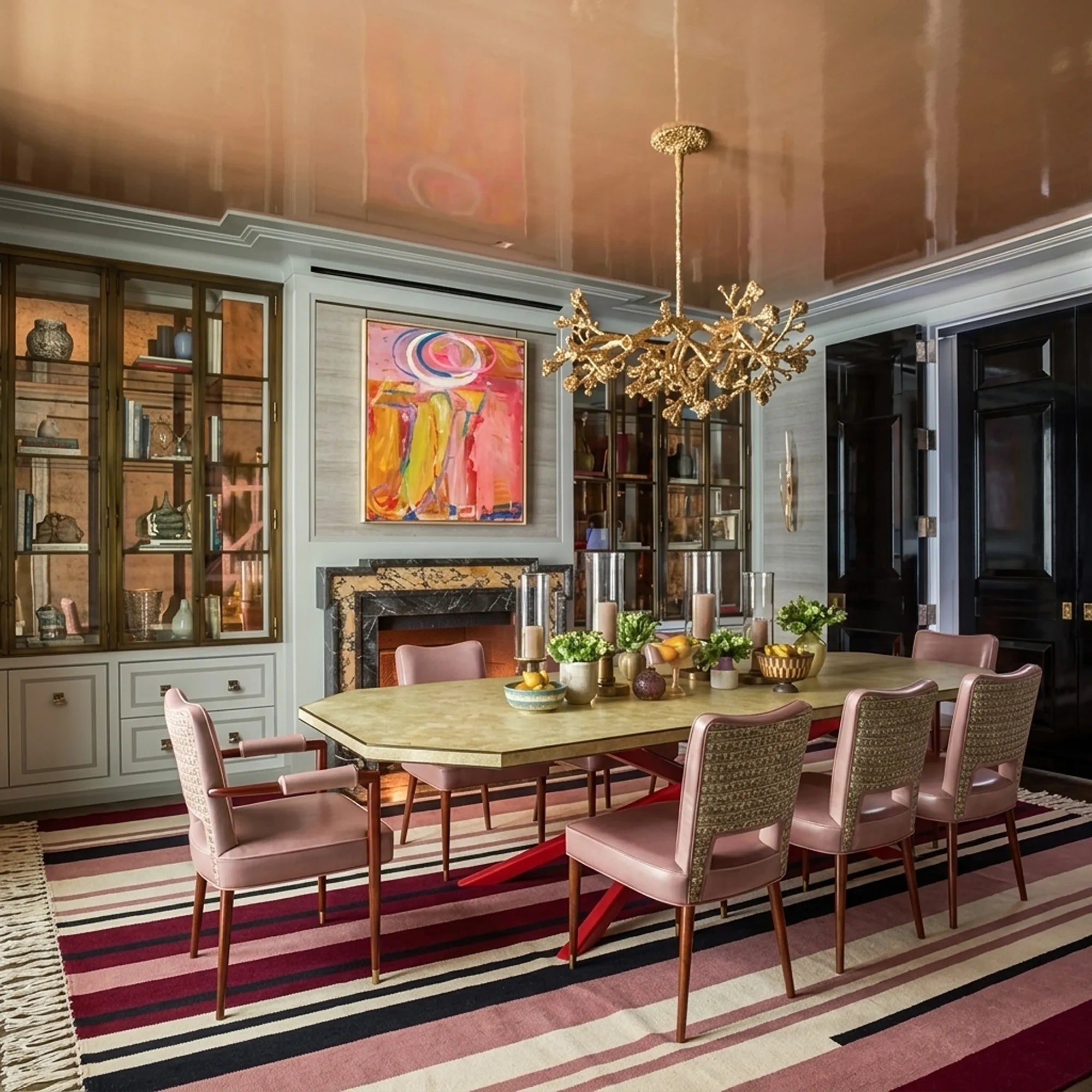 Burgundy Zanafi Kilim rug Aoulouz with offset stripes, lifestyle dining room view