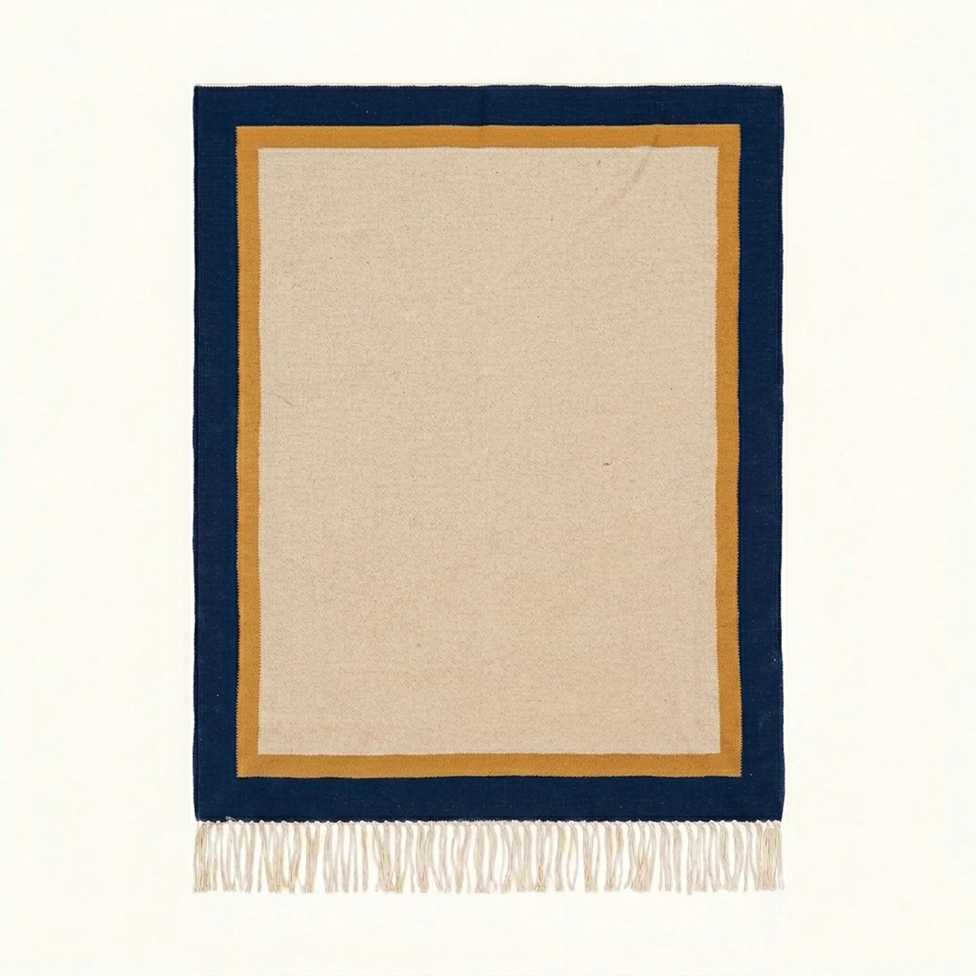Ivory, navy and ochre Zanafi rug Aqqa with double border design, full rug view
