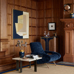 Ivory, navy and ochre Zanafi rug Aqqa with double border design, lifestyle room view