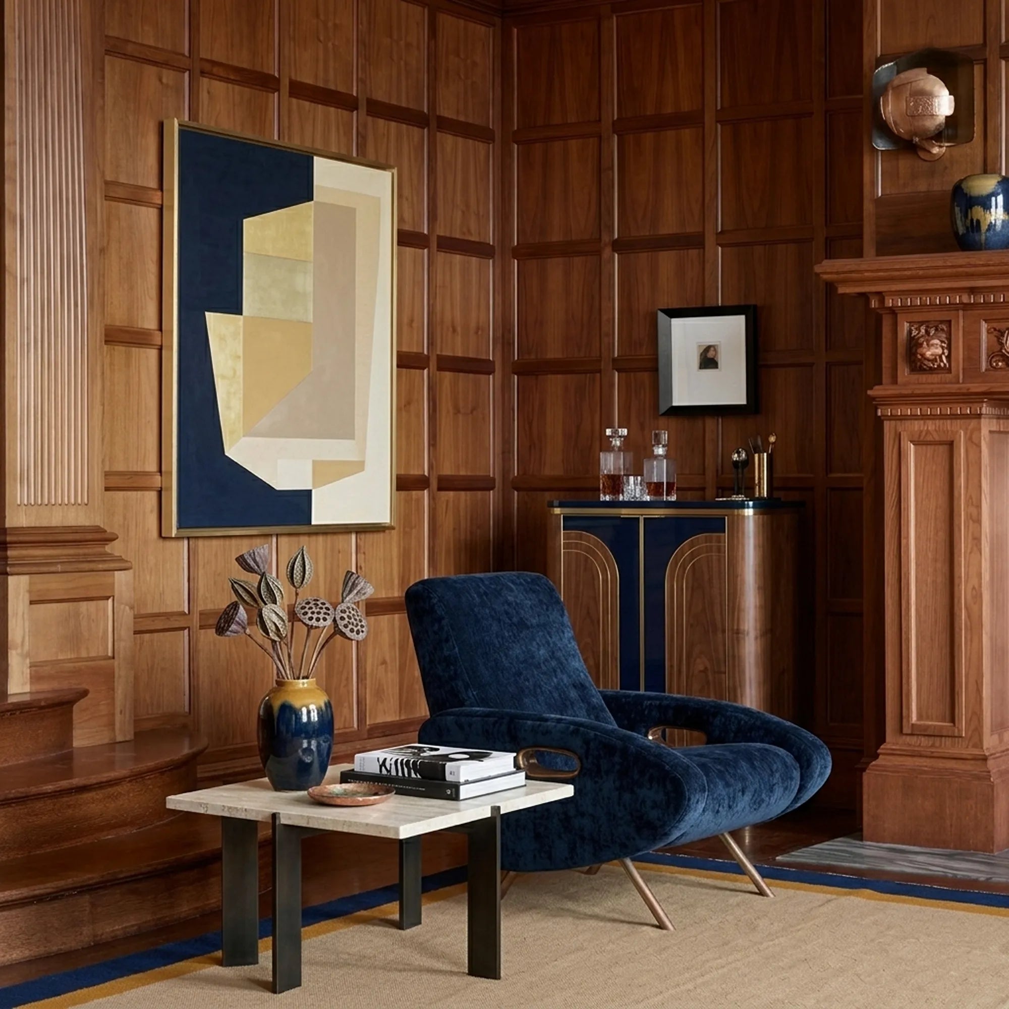 Ivory, navy and ochre Zanafi rug Aqqa with double border design, lifestyle room view