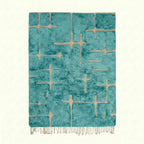 Aqua and ivory Mrirt rug Azegzaw with abstract grid pattern, full rug view