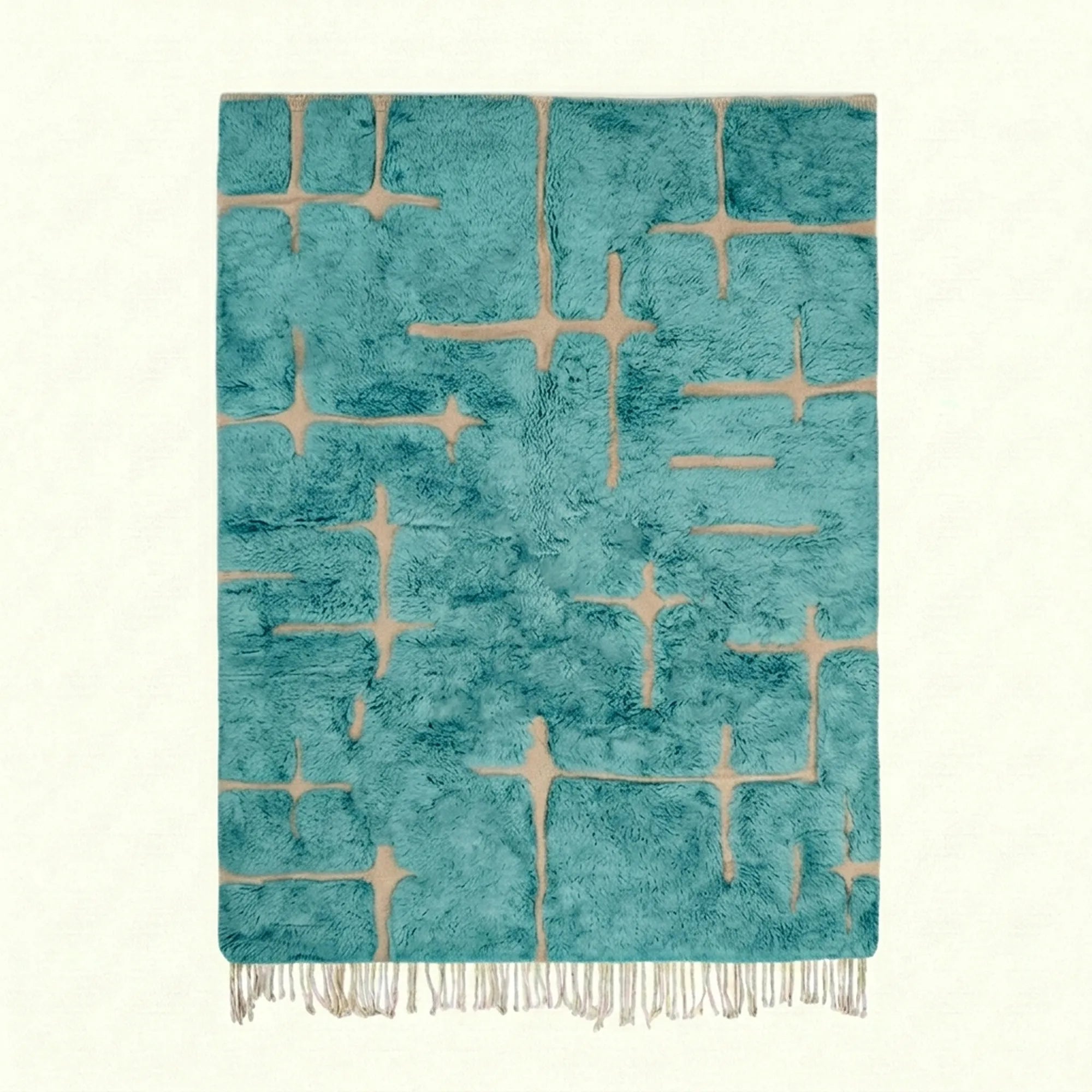 Aqua and ivory Mrirt rug Azegzaw with abstract grid pattern, full rug view