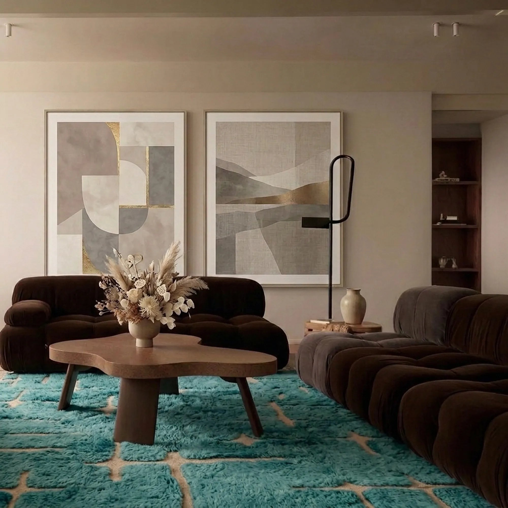 Aqua and ivory Mrirt rug Azegzaw styled in a living room