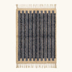 Full view of the Asif blue Beni Ourain rug with contemporary stripes and hand-tied fringe.