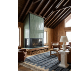 Asif blue Beni Ourain rug styled in a contemporary living room.