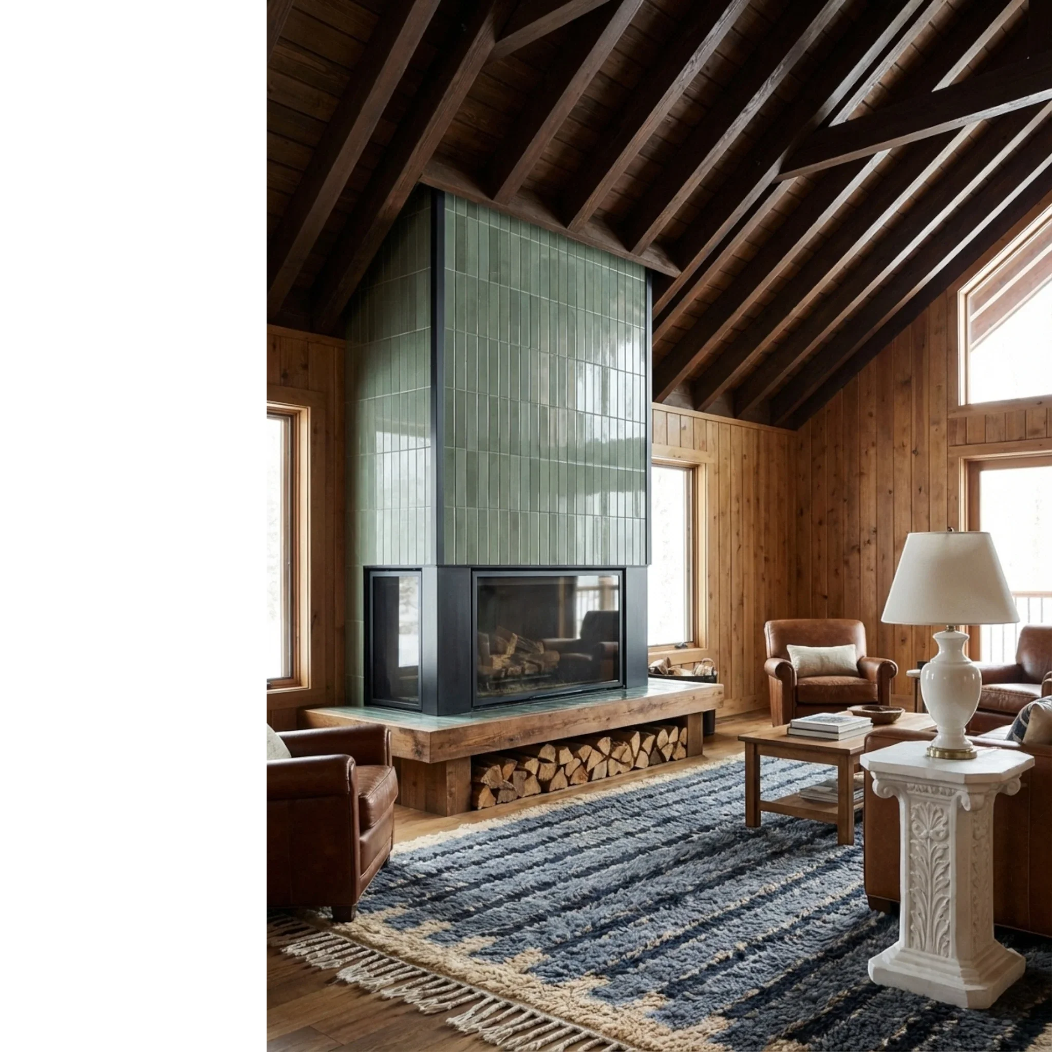 Asif blue Beni Ourain rug styled in a contemporary living room.