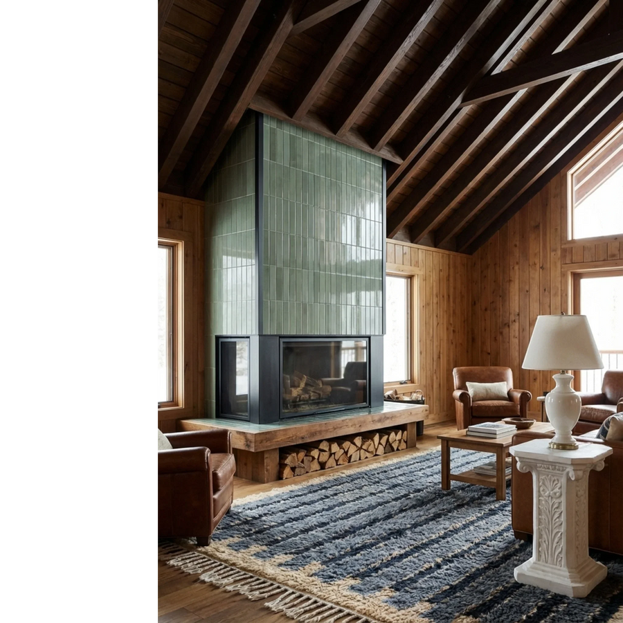 Asif blue Beni Ourain rug styled in a contemporary living room.