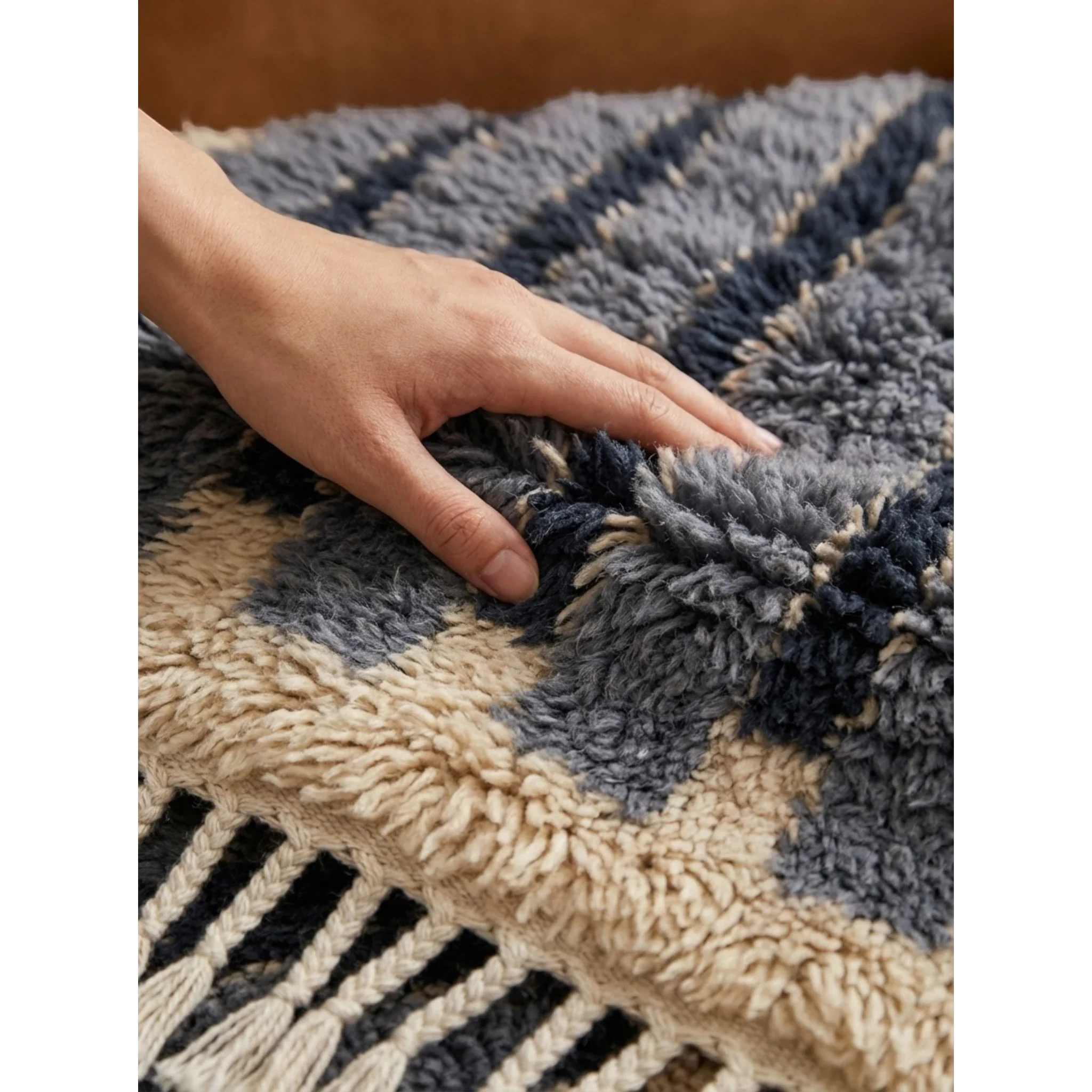 Soft hand-knotted wool texture of the Asif blue Moroccan rug.
