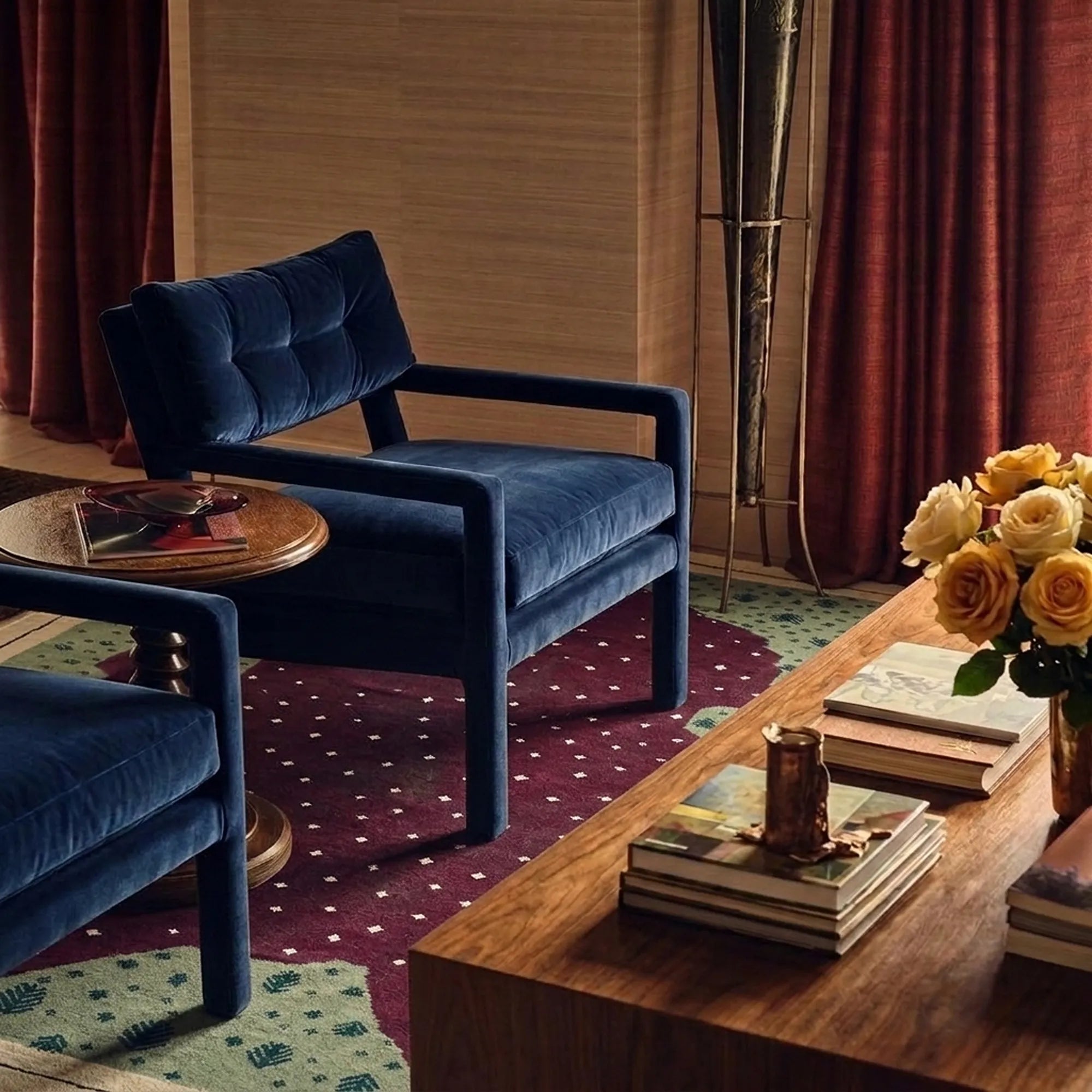 Plum Zanafi rug Asni with dotted organic field in a modern living room