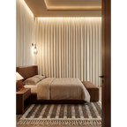 Aylal taupe Beni Ourain rug styled in a calm neutral bedroom.