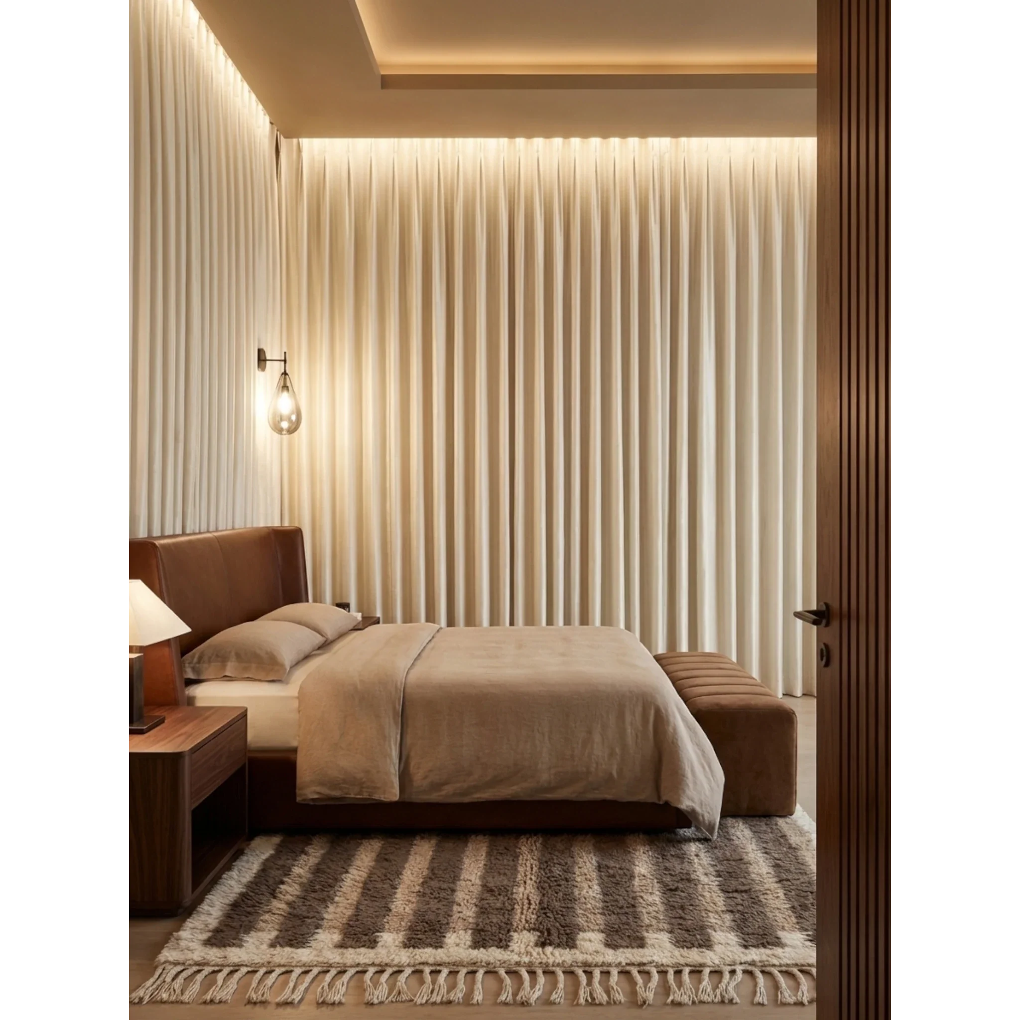 Aylal taupe Beni Ourain rug styled in a calm neutral bedroom.