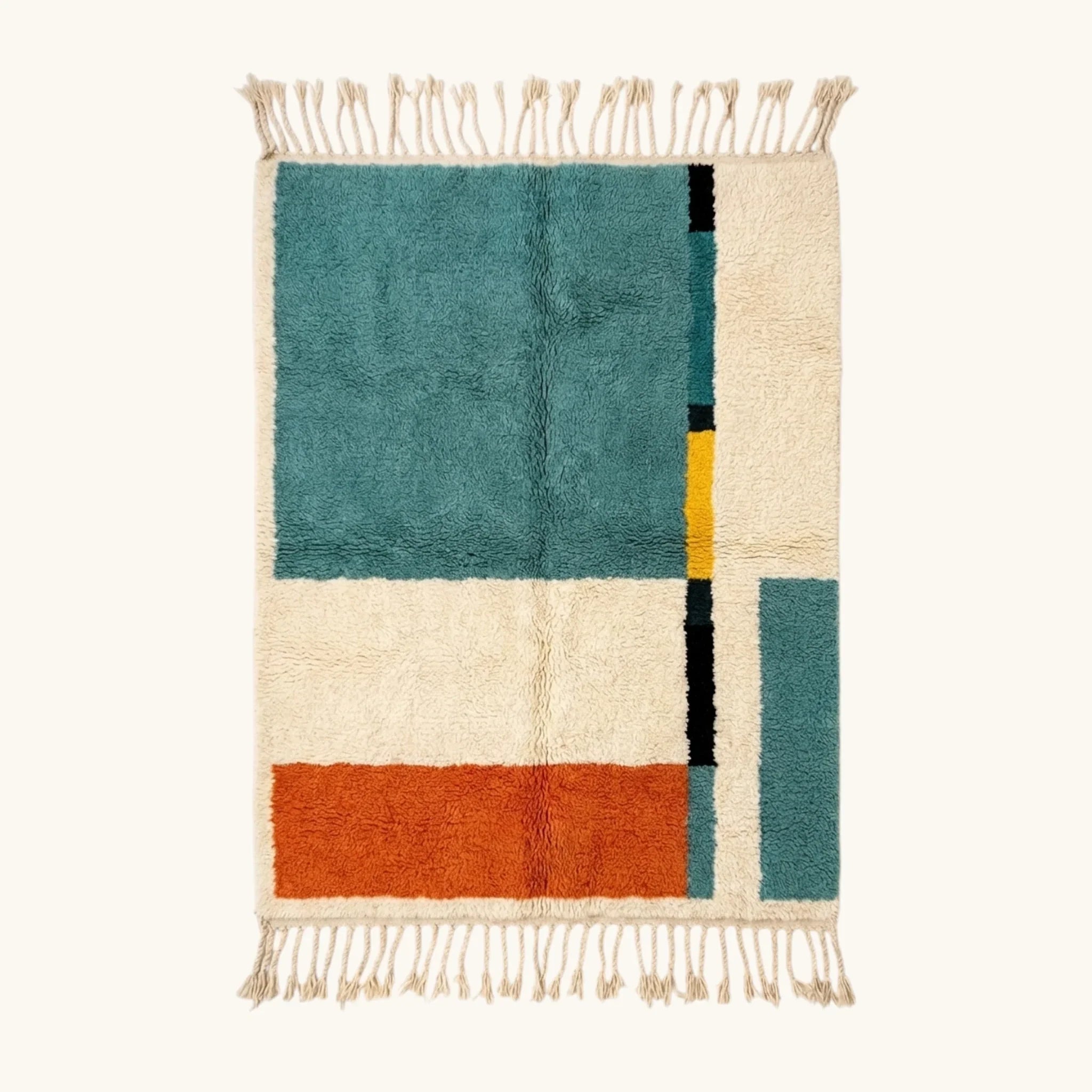 Ayyur teal Beni Ourain rug with abstract color block design, full view