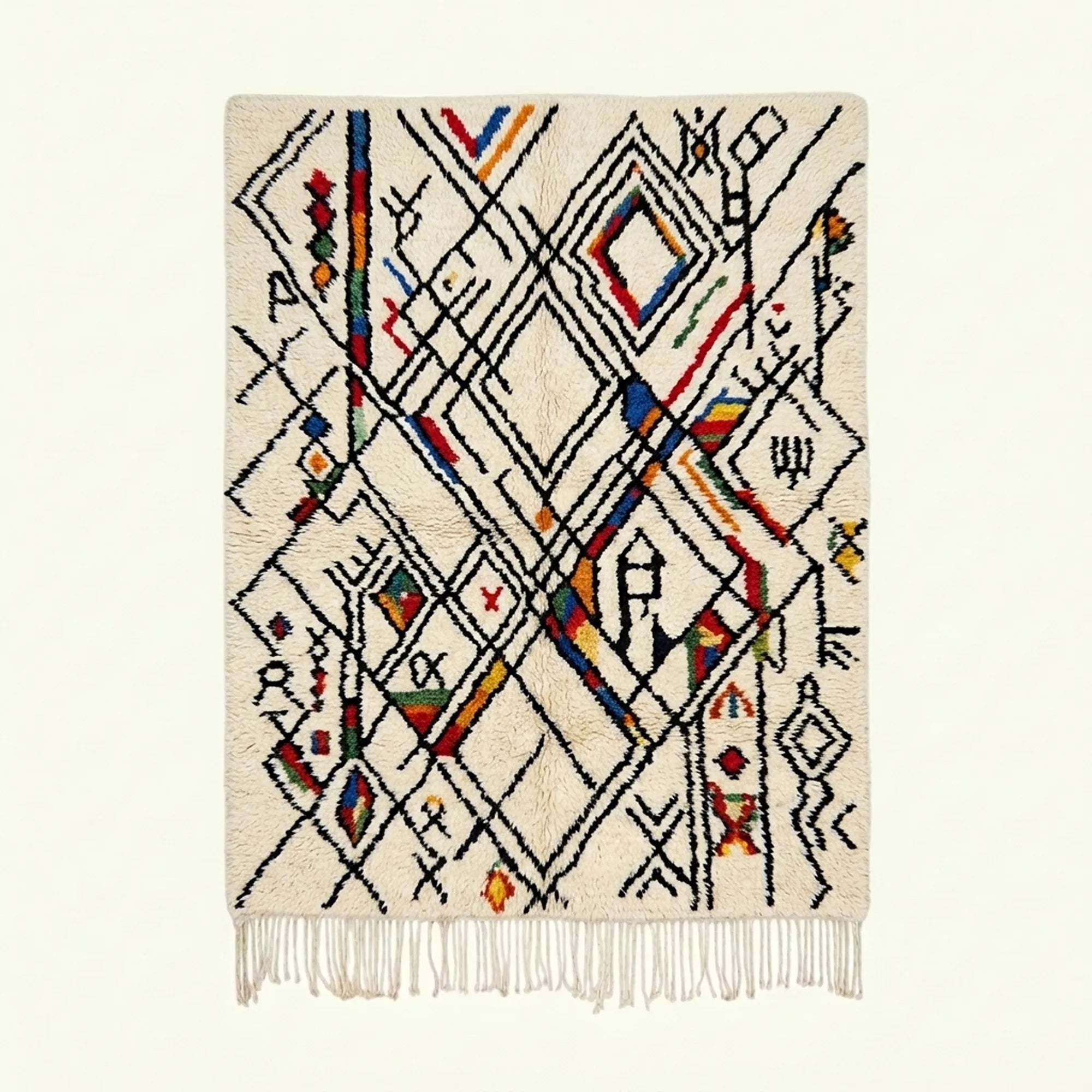 Ivory Azilal rug Amud with black linear pattern and color accents, full rug view