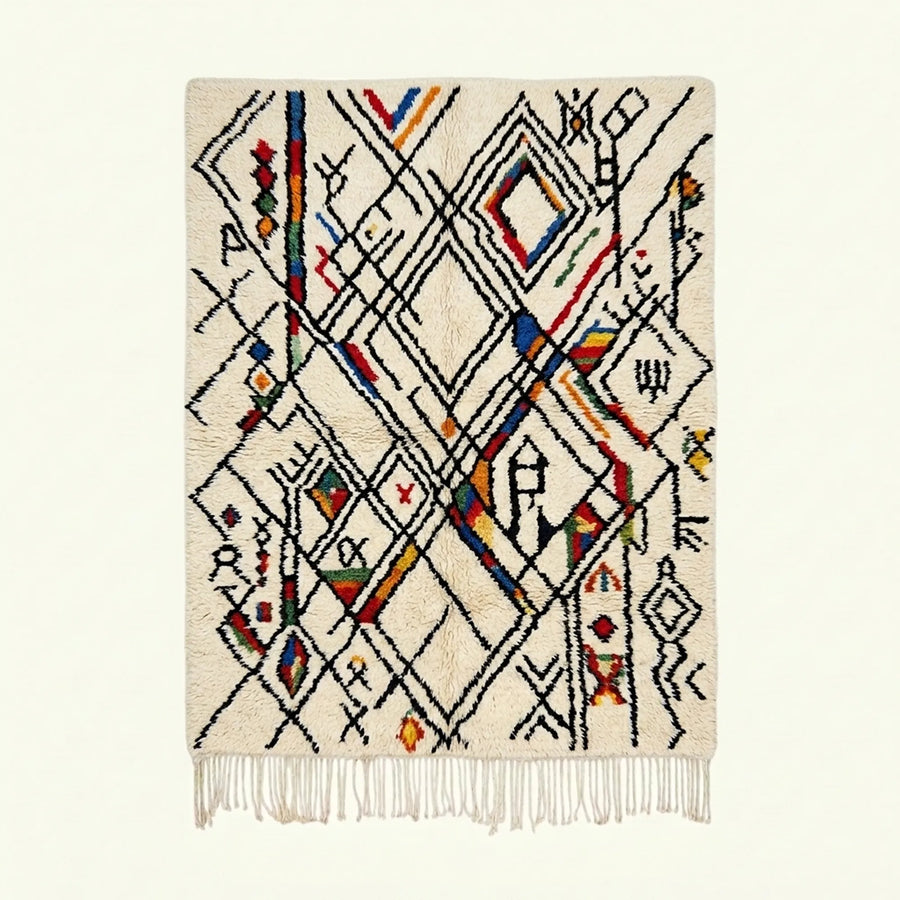 Ivory Azilal rug Amud with black linear pattern and color accents, full rug view