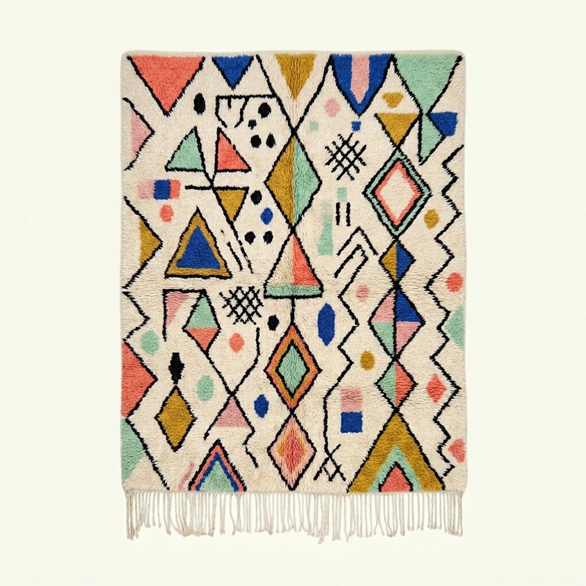 Ivory Azilal rug Ighrem with pastel abstract symbol pattern, full rug view
