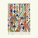 Ivory Azilal rug Tayri with coral multicolor geometric pattern, full rug view