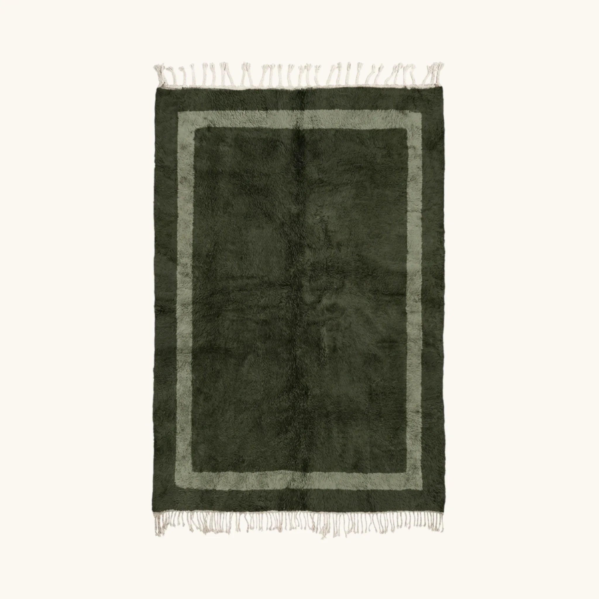 Azilal green Beni Ourain rug with framed border design, full view