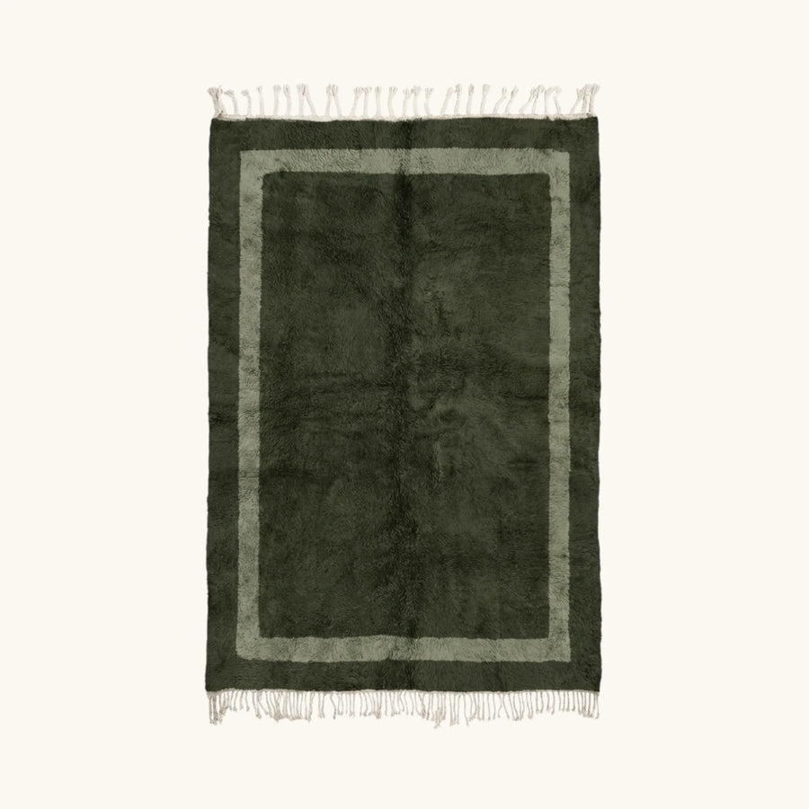 Azilal green Beni Ourain rug with framed border design, full view