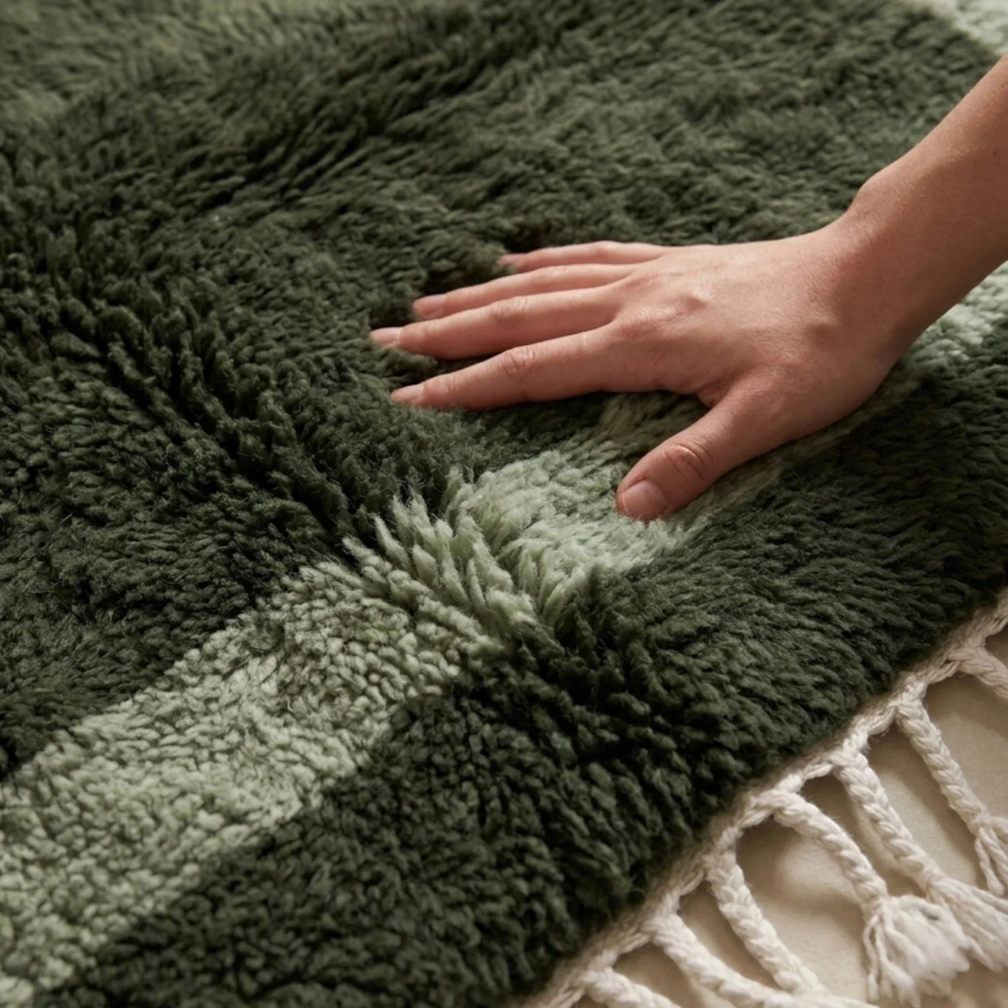 Azilal green Beni Ourain rug plush wool softness detail