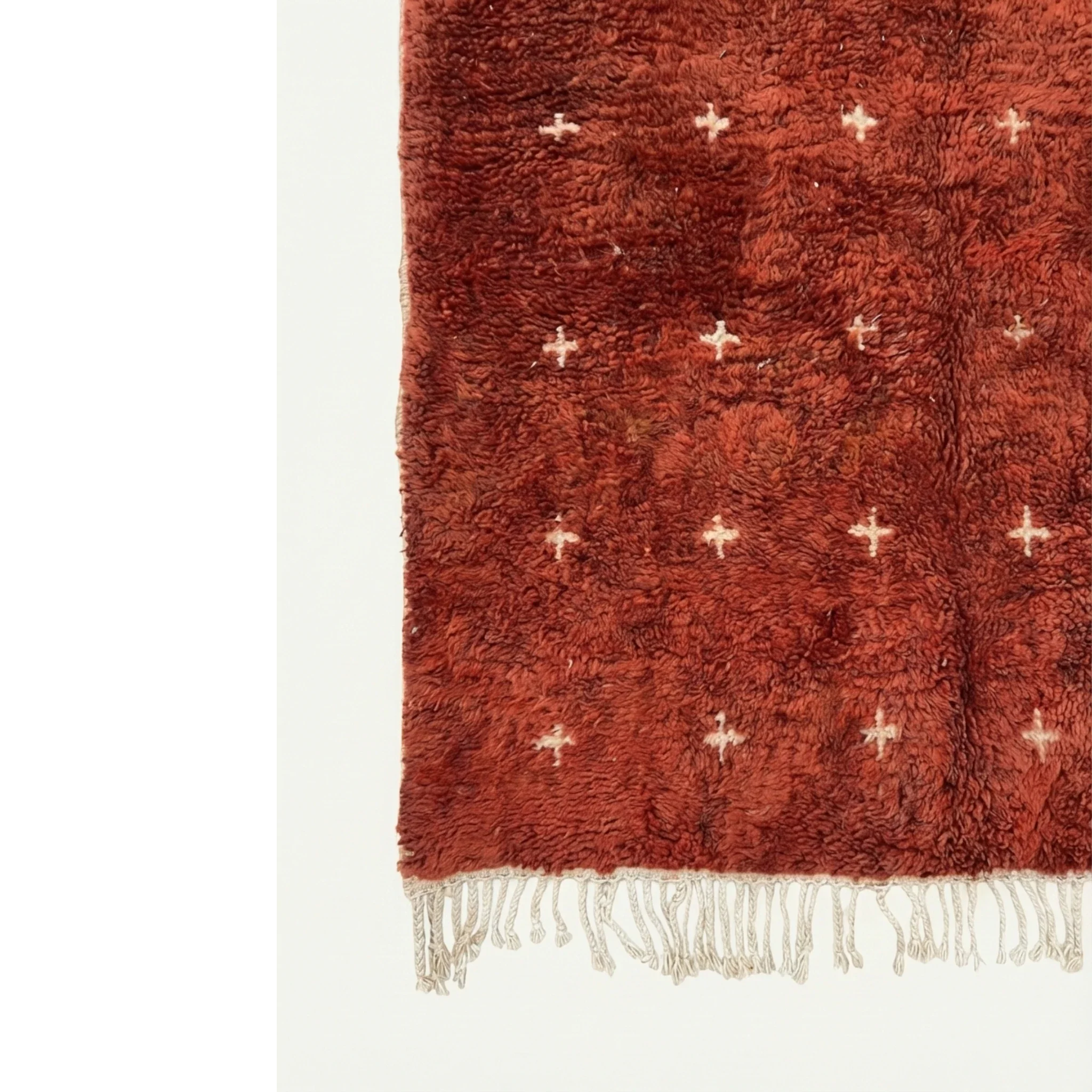 Full patterned surface and hand-tied fringe of the Azru terracotta Moroccan rug.
