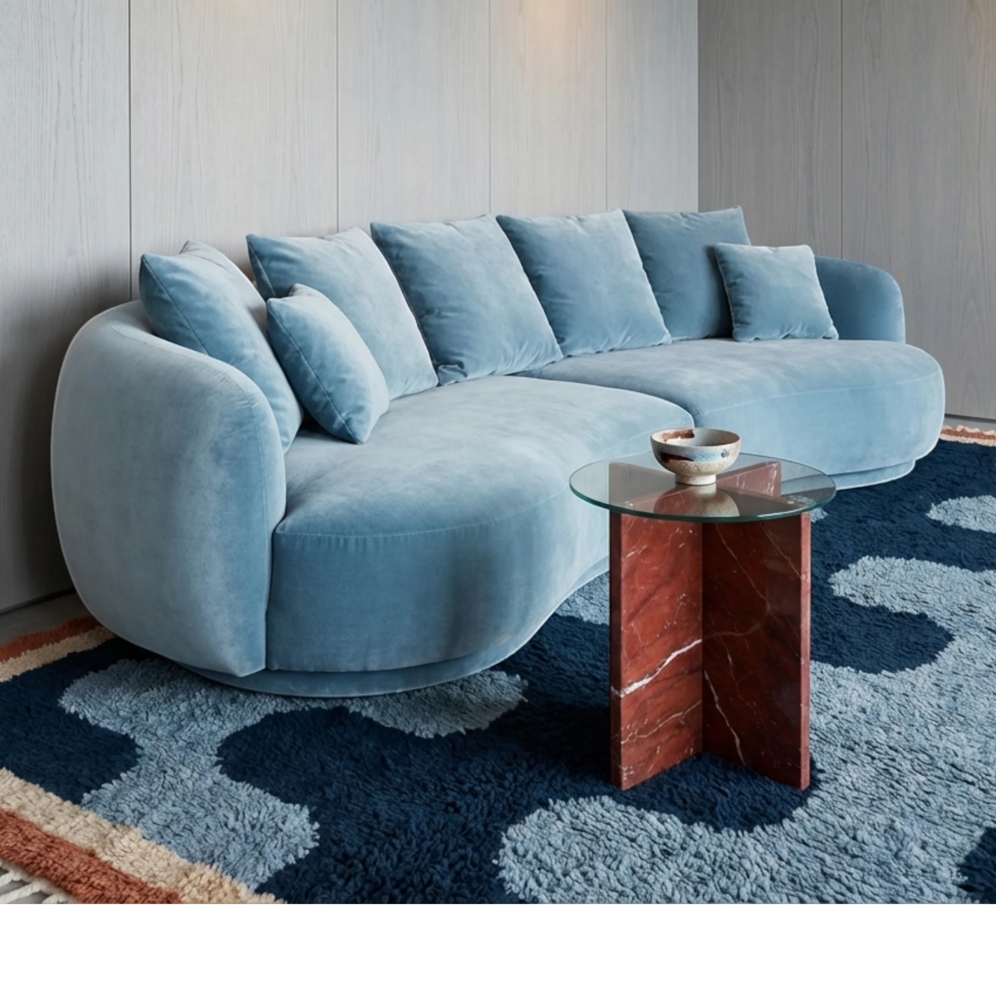 Azul navy blue Beni Ourain rug styled beneath a curved blue sofa in a contemporary living room.