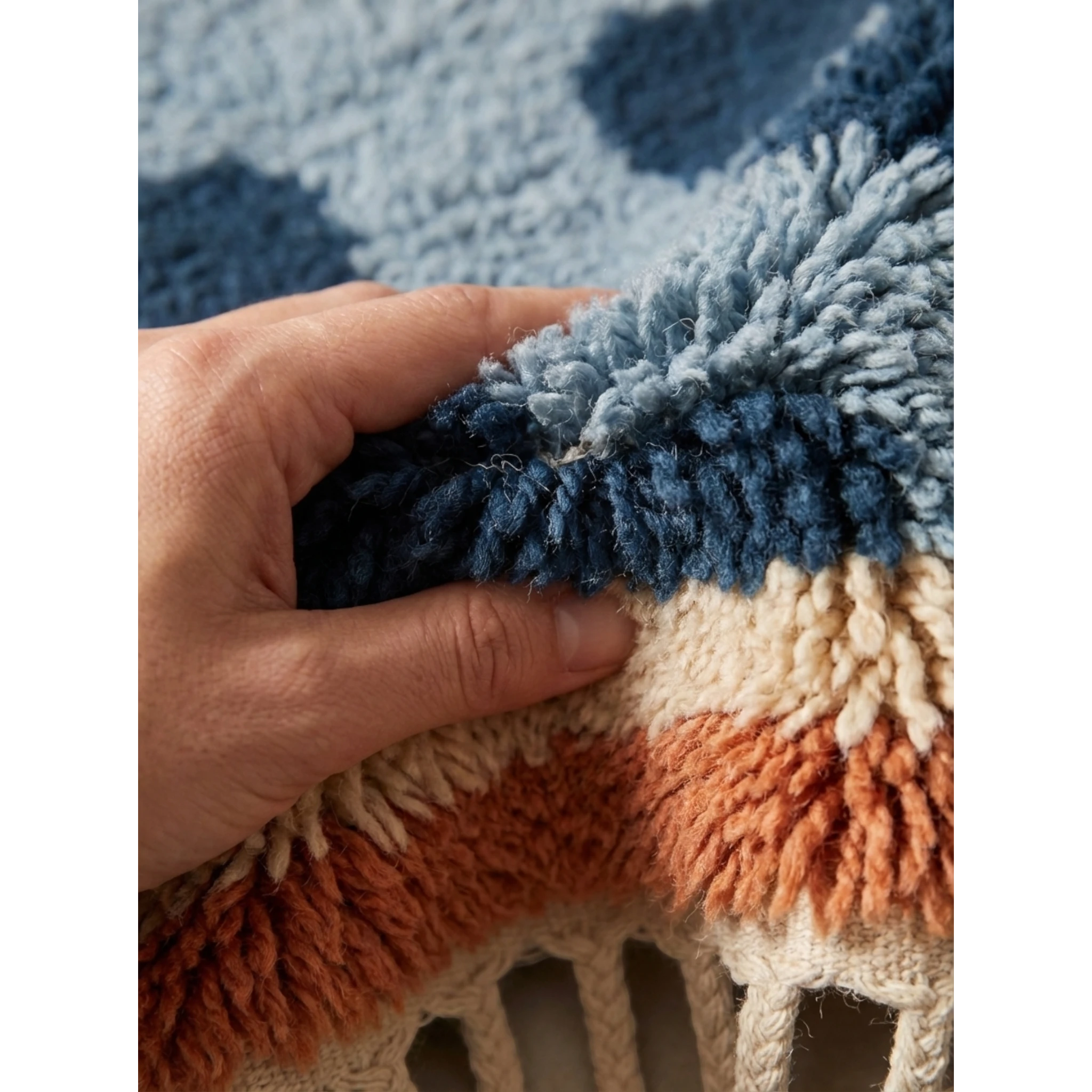 Hand lifting the thick wool pile of the Azul navy blue Beni Ourain rug to show its softness and density.