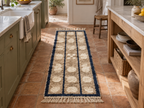 Beige, cream and navy Mrirt runner with pebble columns laid in a modern kitchen between sage green cabinetry