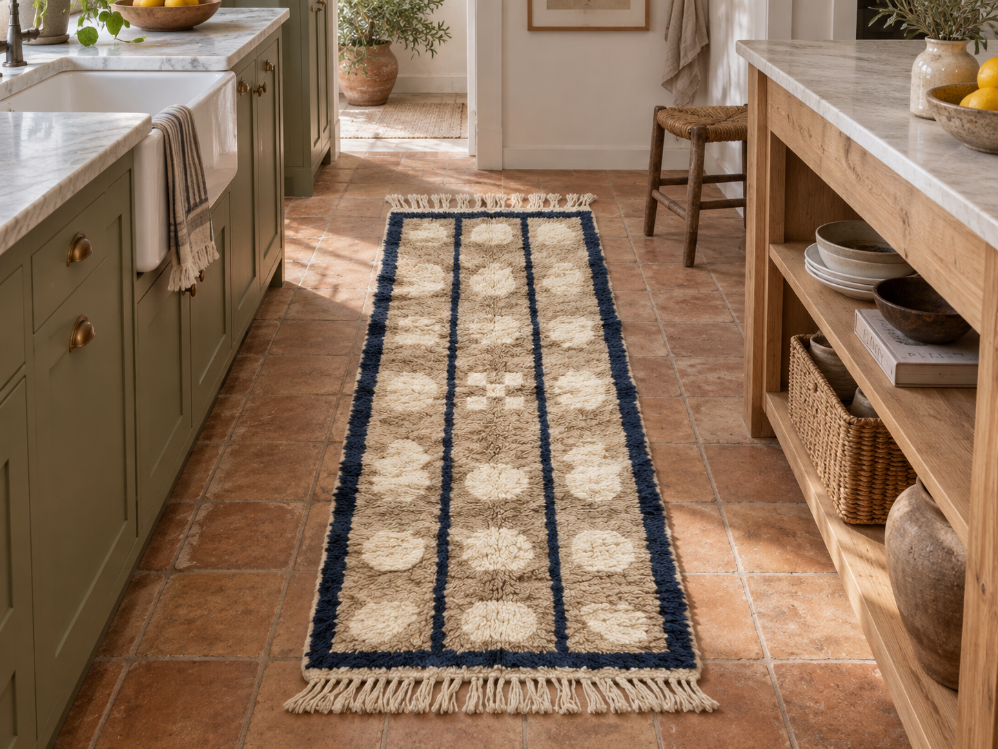 Beige, cream and navy Mrirt runner with pebble columns laid in a modern kitchen between sage green cabinetry