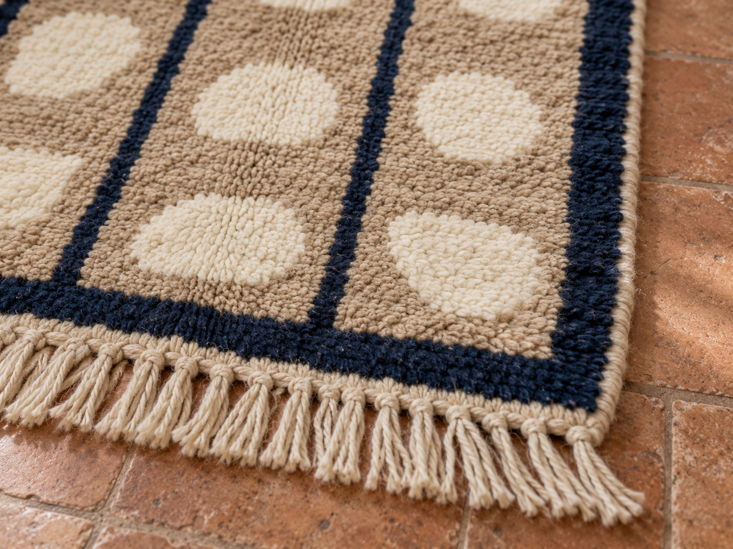 Detailed view of wool pile and pebble motif showing the texture and knotwork of the Mrirt runner
