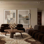 Ivory & Brown Mrirt rug Amrhar with organic patchwork, styled in a living room