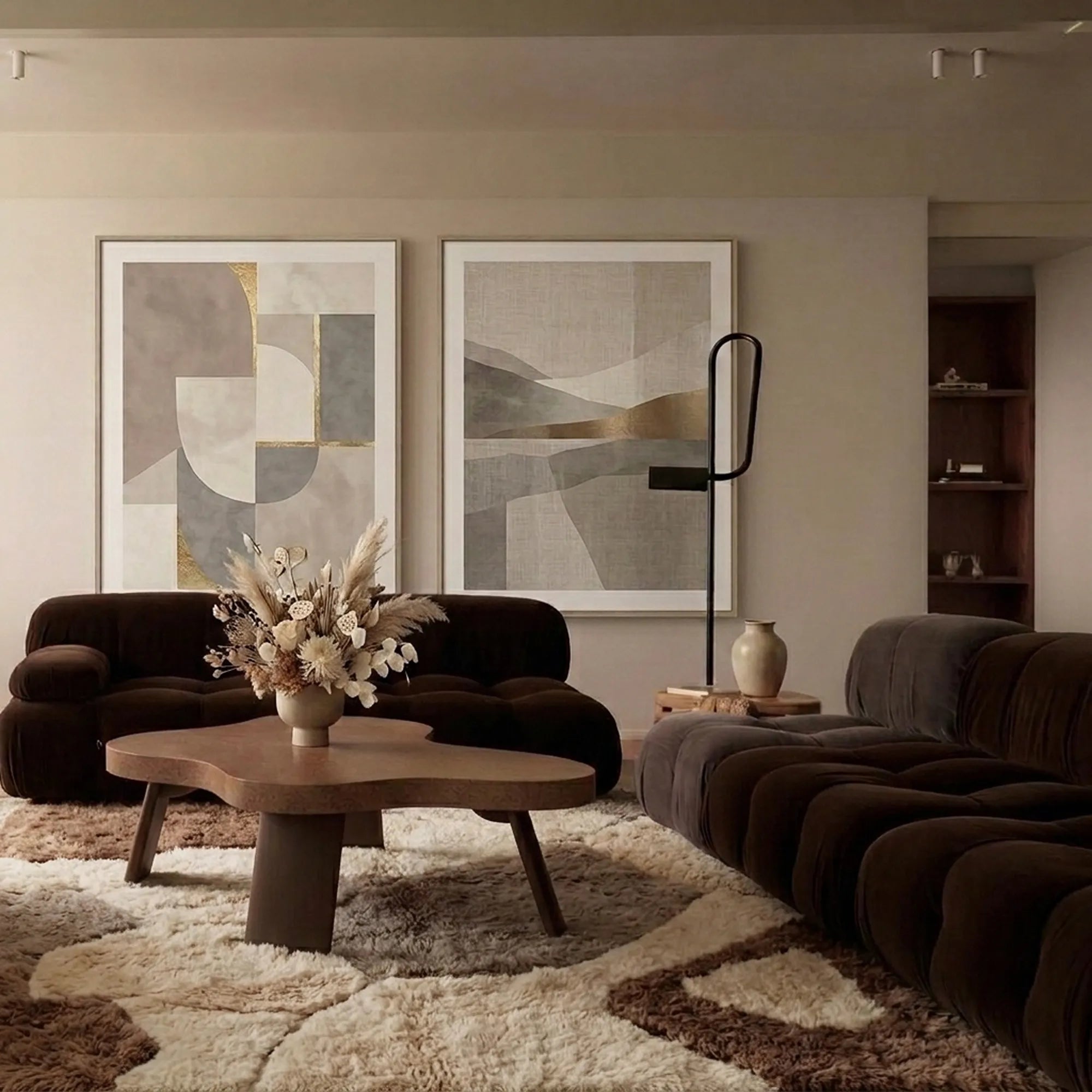 Ivory & Brown Mrirt rug Amrhar with organic patchwork, styled in a living room