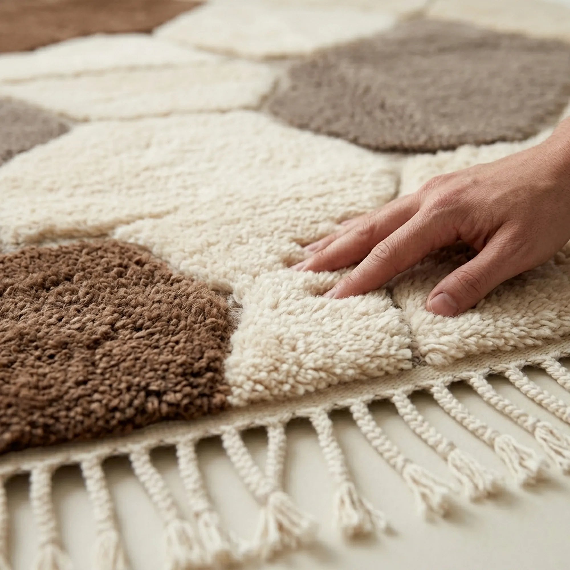 Ivory & Brown Mrirt rug Amrhar, organic patchwork pattern detail