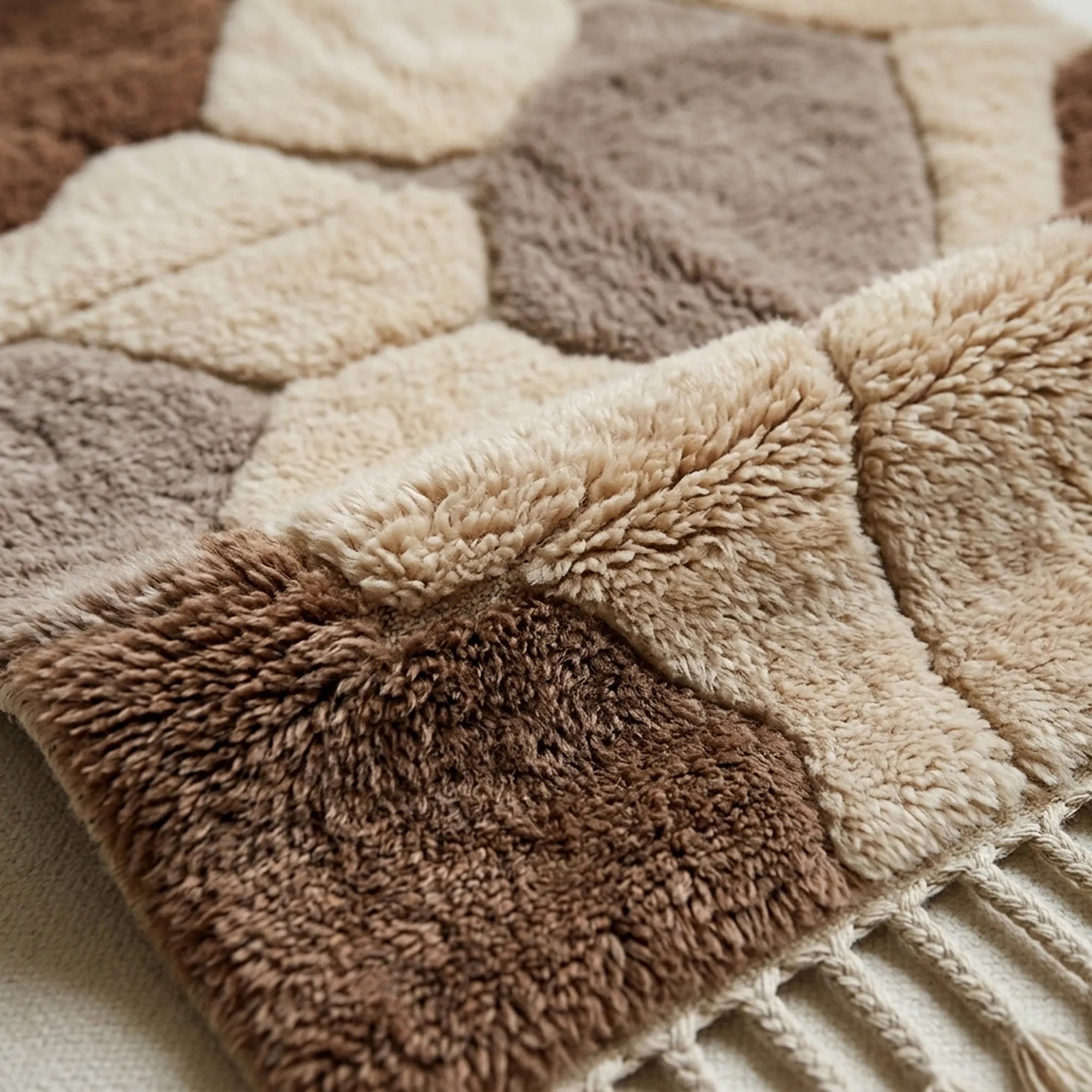 Ivory & Brown Mrirt rug Amrhar, organic patchwork edge detail