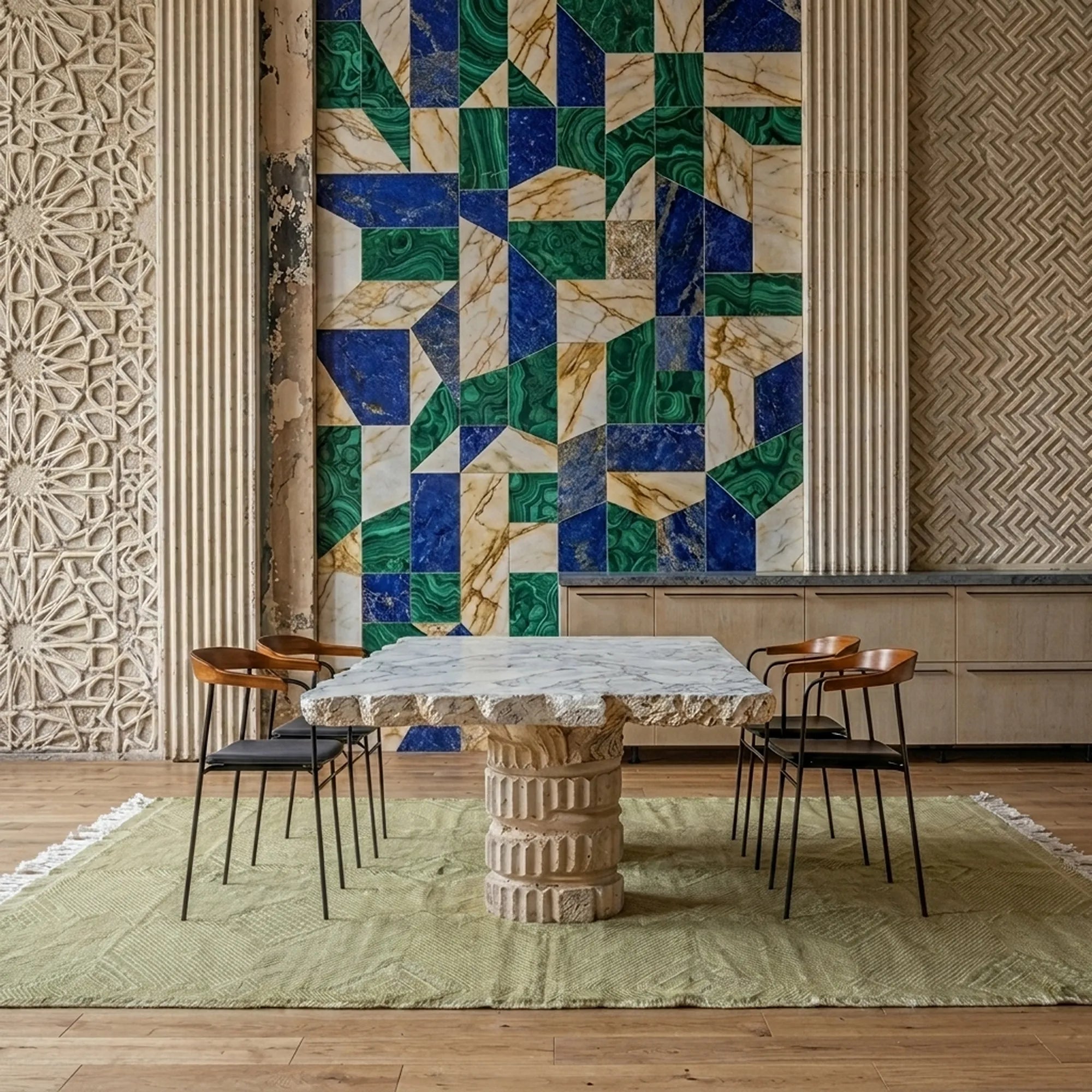 Beige and ivory Zanafi kilim rug Tifawine with tonal herringbone, styled living room view