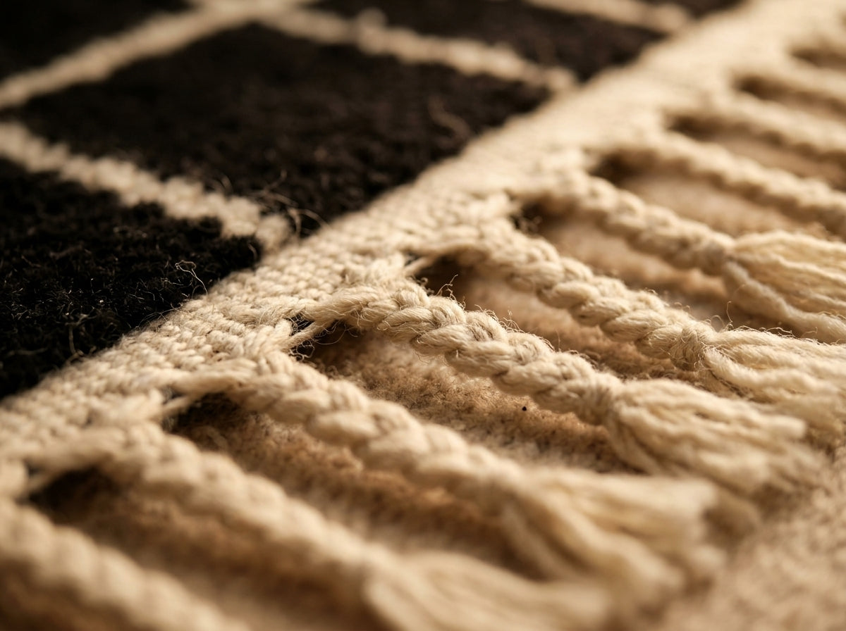 Close-up of twisted fringe edge and handwoven construction on Tilelli Mrirt runner