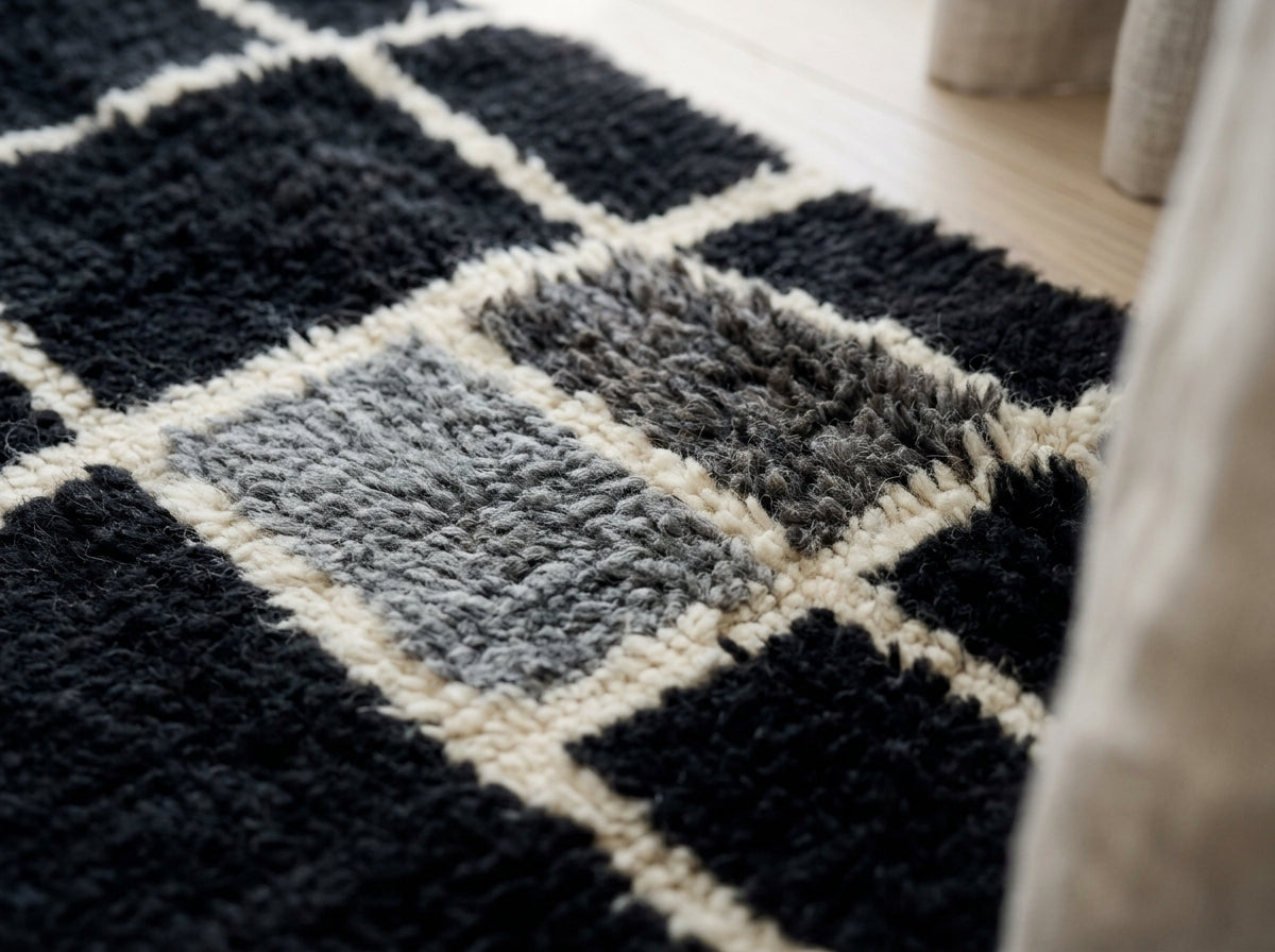 Close-up of plush knotted wool pile on Tilelli Mrirt runner showing black and ivory colours