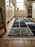 Black and ivory Mrirt runner Tilelli with grid check in kitchen entryway