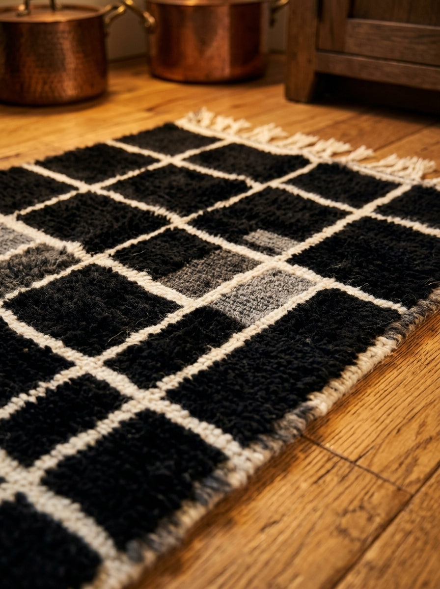 Tilelli Mrirt runner with charcoal grid check on wooden floor